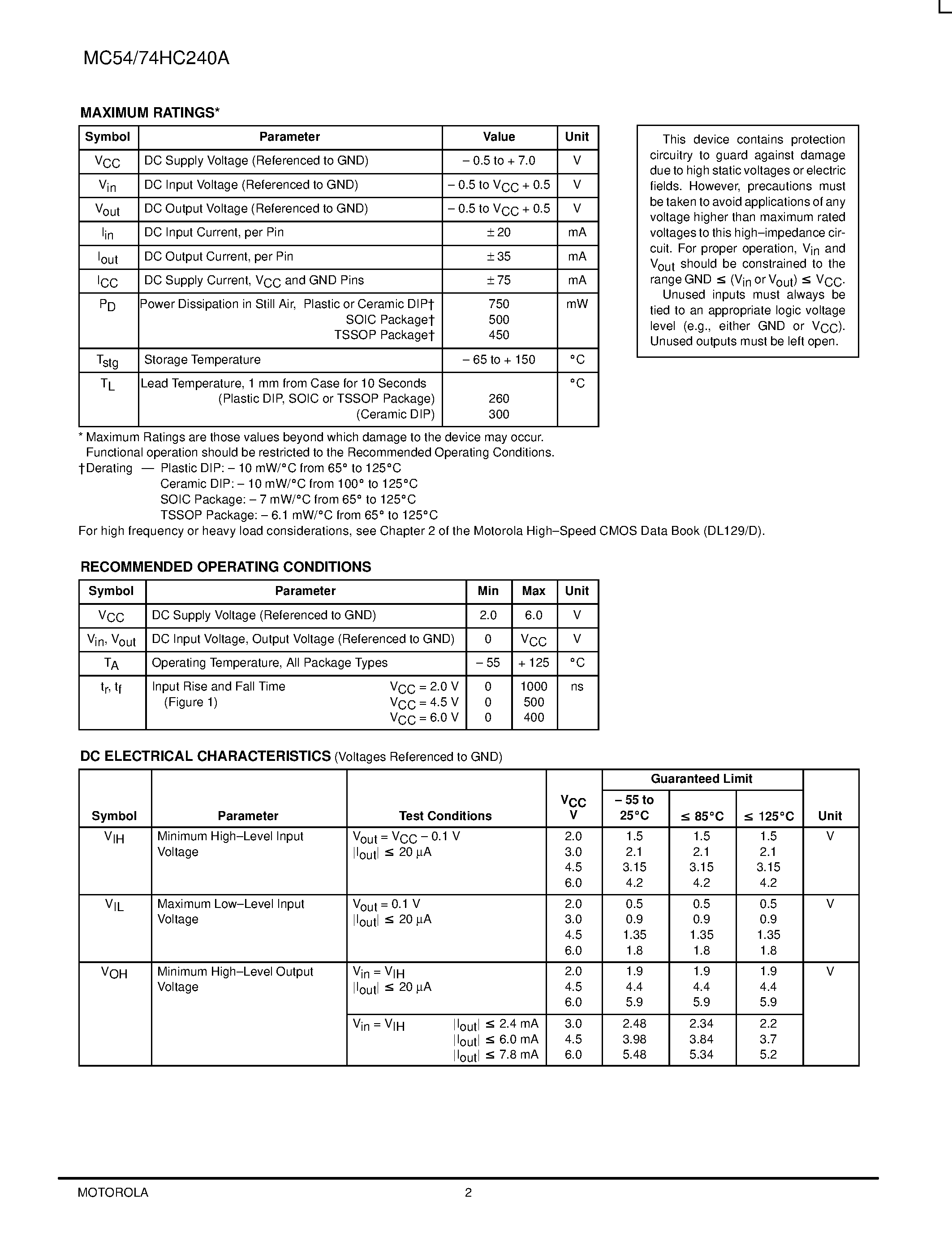 Даташит MC74HC240A - Octal 3-State Inverting Buffer/Line Driver/Line Receiver страница 2