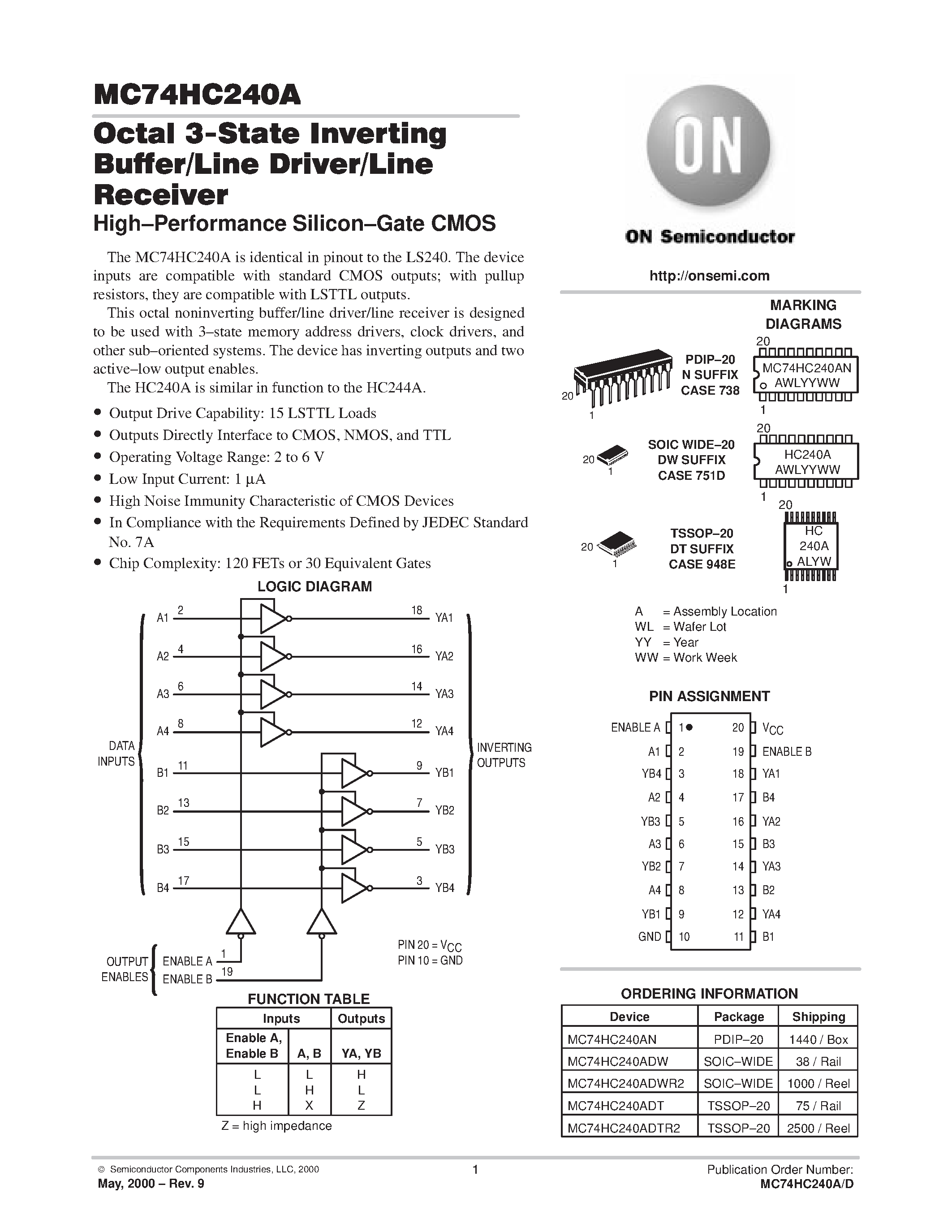Даташит MC74HC240A - Octal 3-State Inverting Buffer/Line Driver/Line Receiver страница 1
