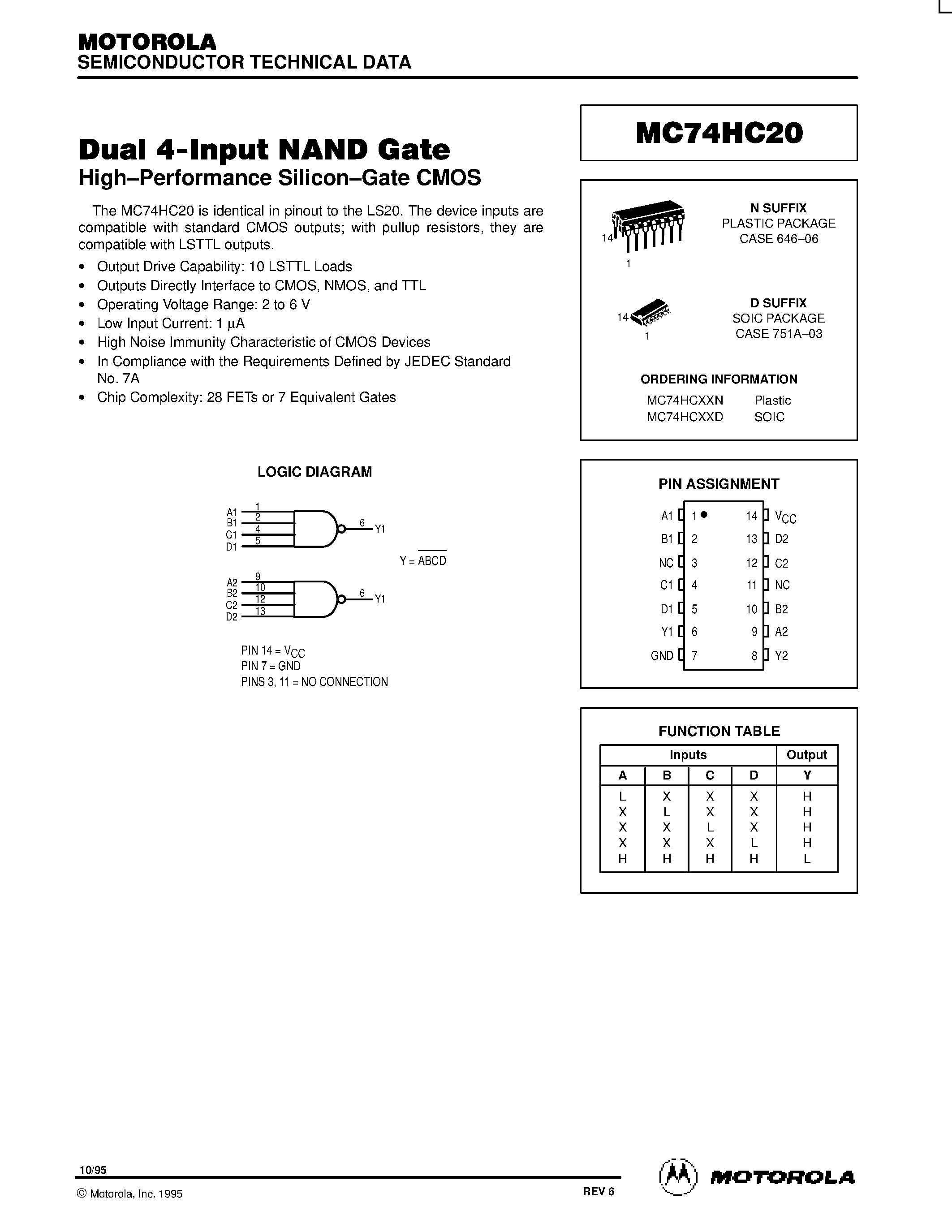 Datasheet MC74HC20 - Dual 4-Input NAND Gate page 1