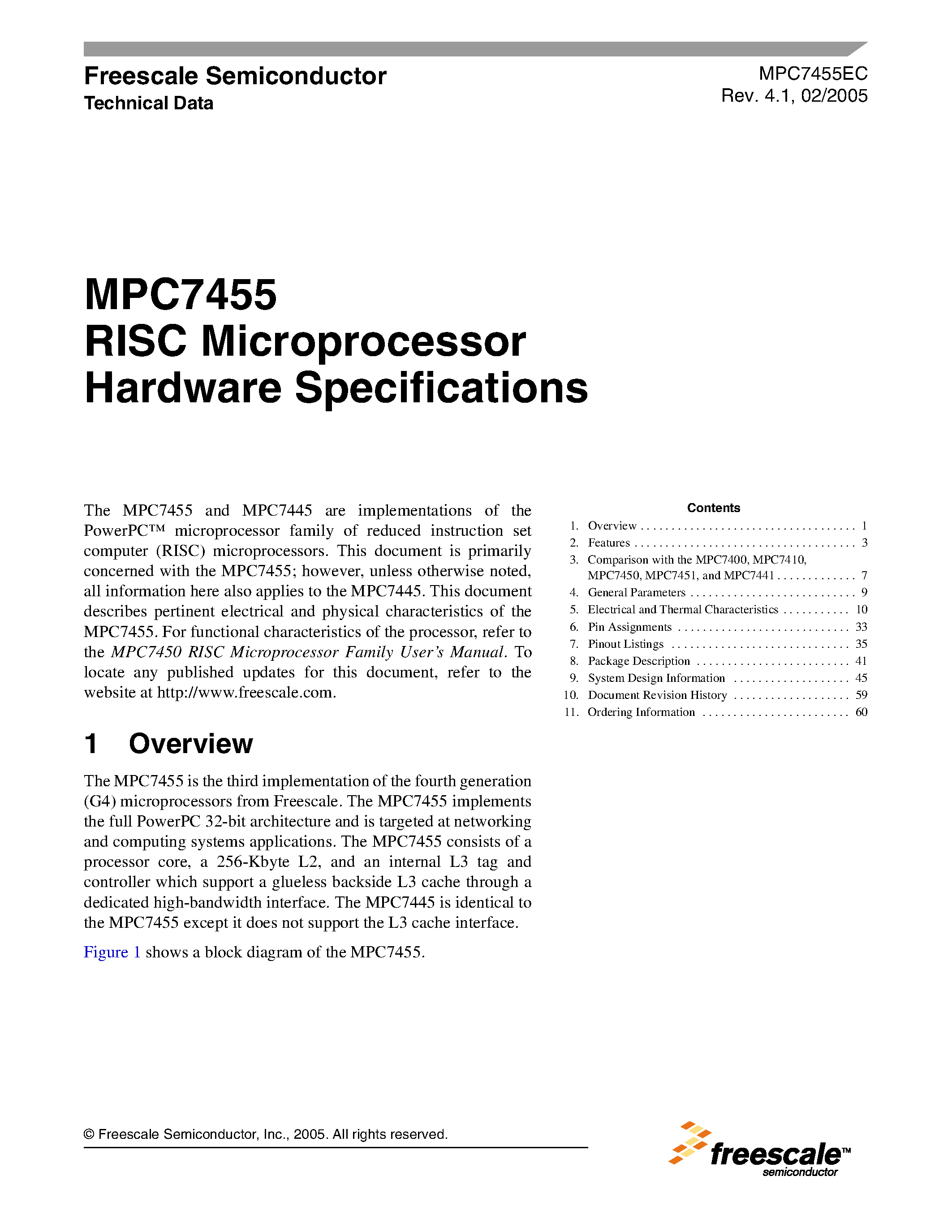 Datasheet MC7445 page 1 Datasheet MC7445 - RISC Microprocessor Hardware Specifications page 1