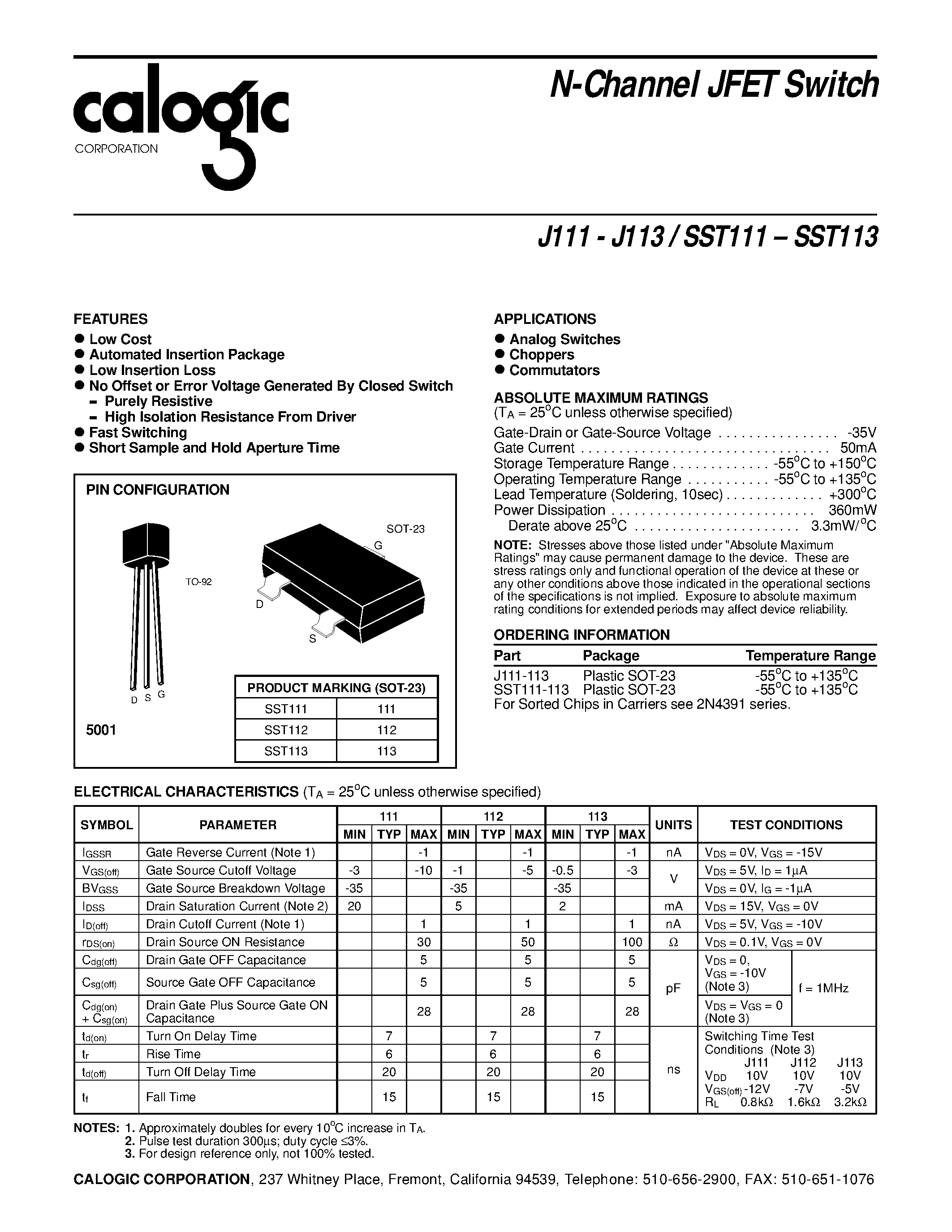 Datasheet SST111 - (SST111 - SST113) N-Channel JFET Switch page 1