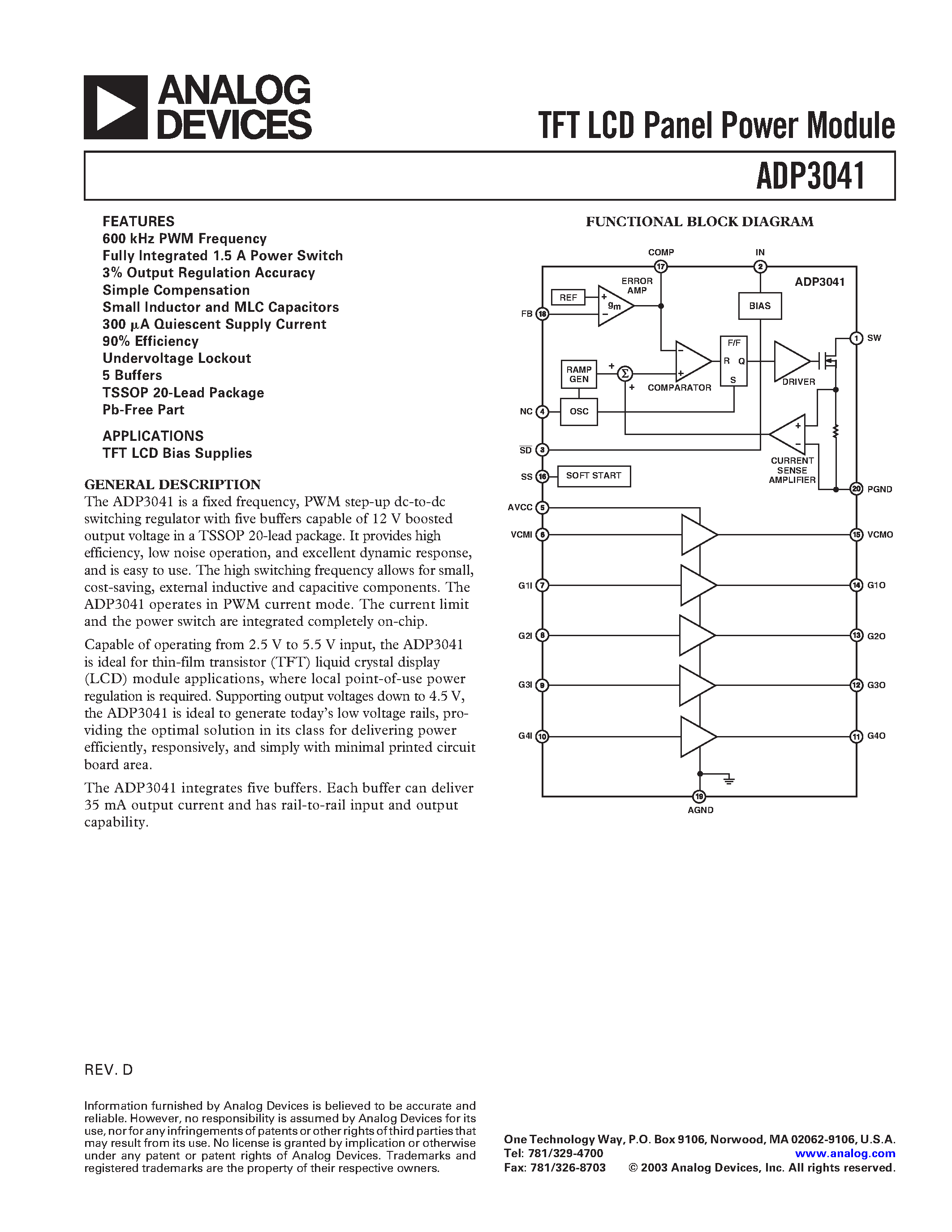 Datasheet ADP3041 page 1 Datasheet ADP3041 - TFT LCD Panel Power Module page 1