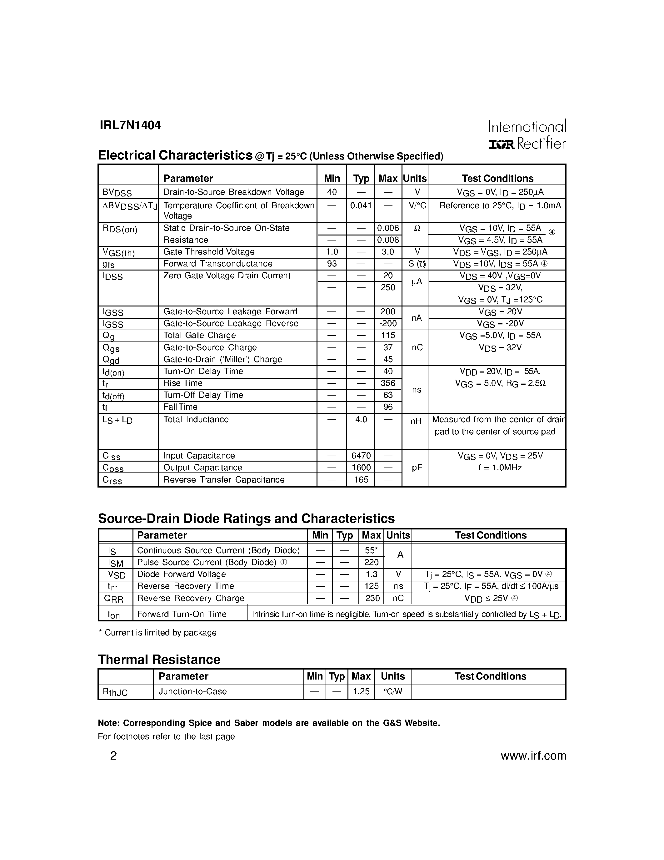 Datasheet IRL7N1404 page 2 Datasheet IRL7N1404 - HEXFET POWER MOSFET SURFACE MOUNT (SMD-1) page 2