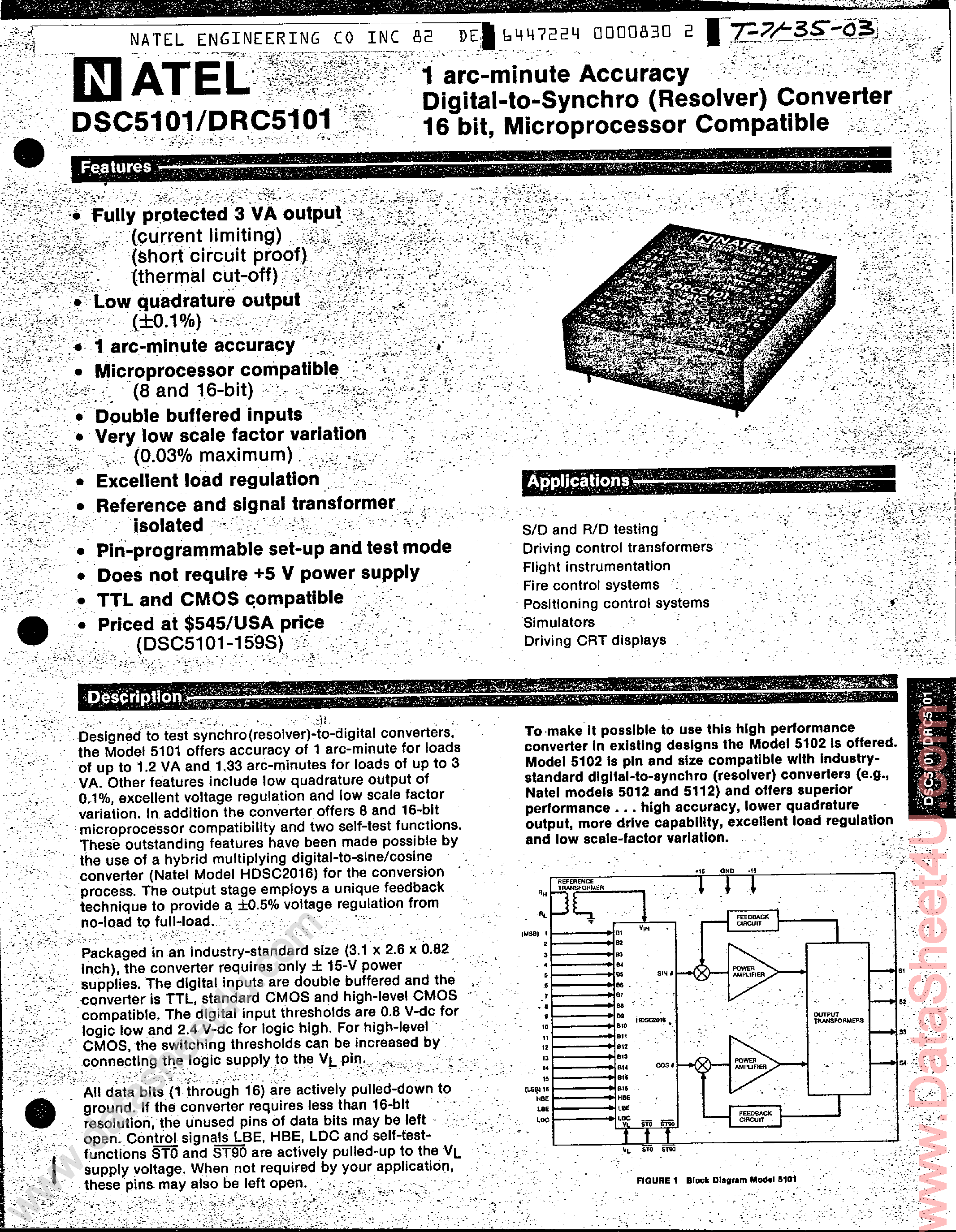 Datasheet DSC5101 page 1 Datasheet DSC5101 - Digital to Synchro Converter 16-Bit page 1