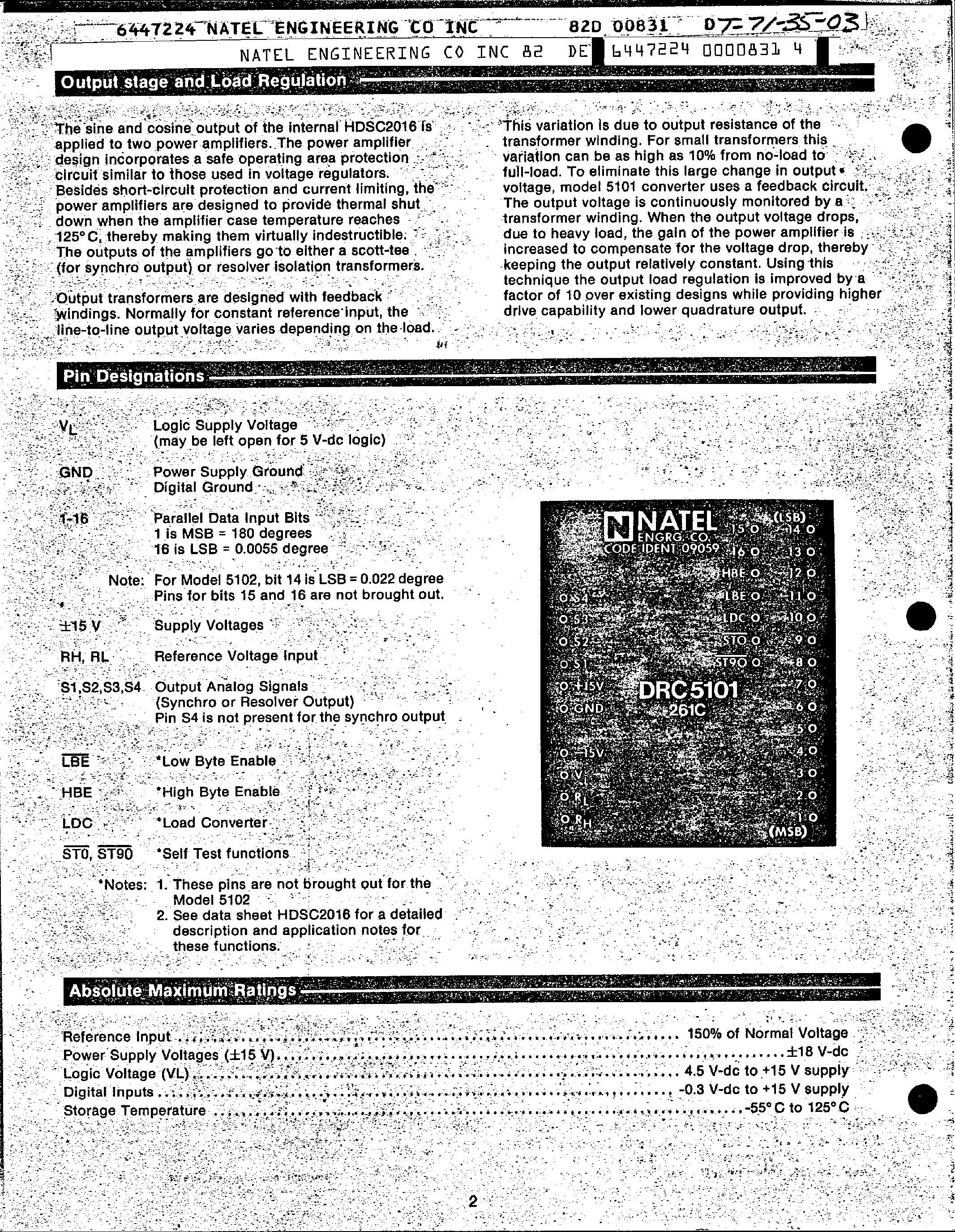 Datasheet DSC5101 page 2 Datasheet DSC5101 - Digital to Synchro Converter 16-Bit page 2