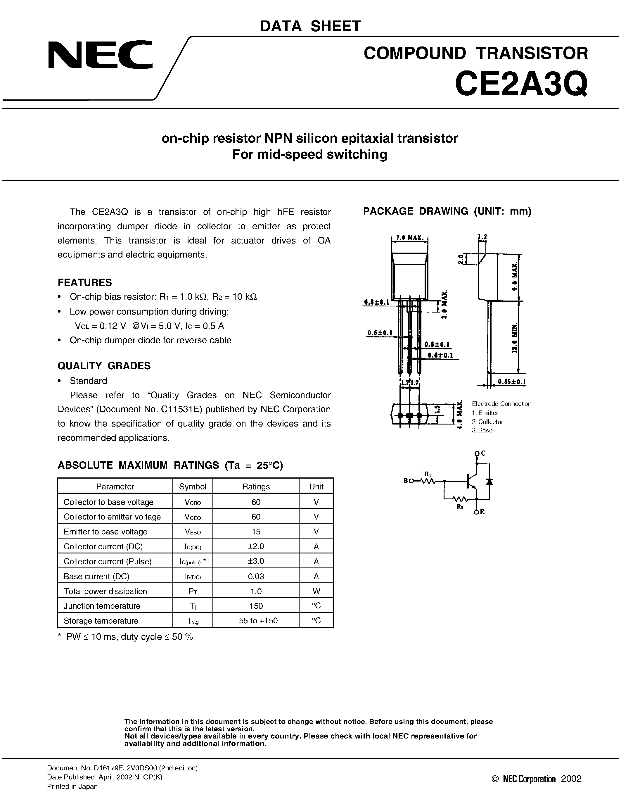Даташит на микросхему CE2A3Q страница 1 Даташит CE2A3Q - on-chip resistor NPN silicon epitaxial transistor For mid-speed switching страница 1