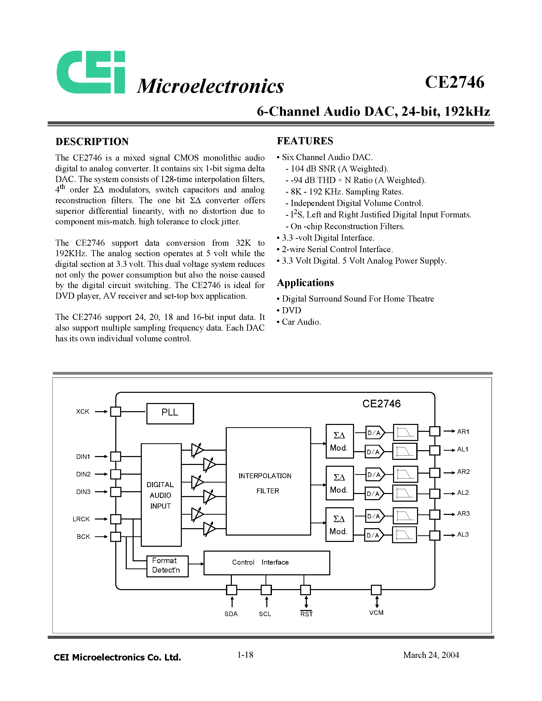 Datasheet CE2746 page 1 Datasheet CE2746 - 6-Channel Audio DAC 24-bit 192kHz page 1