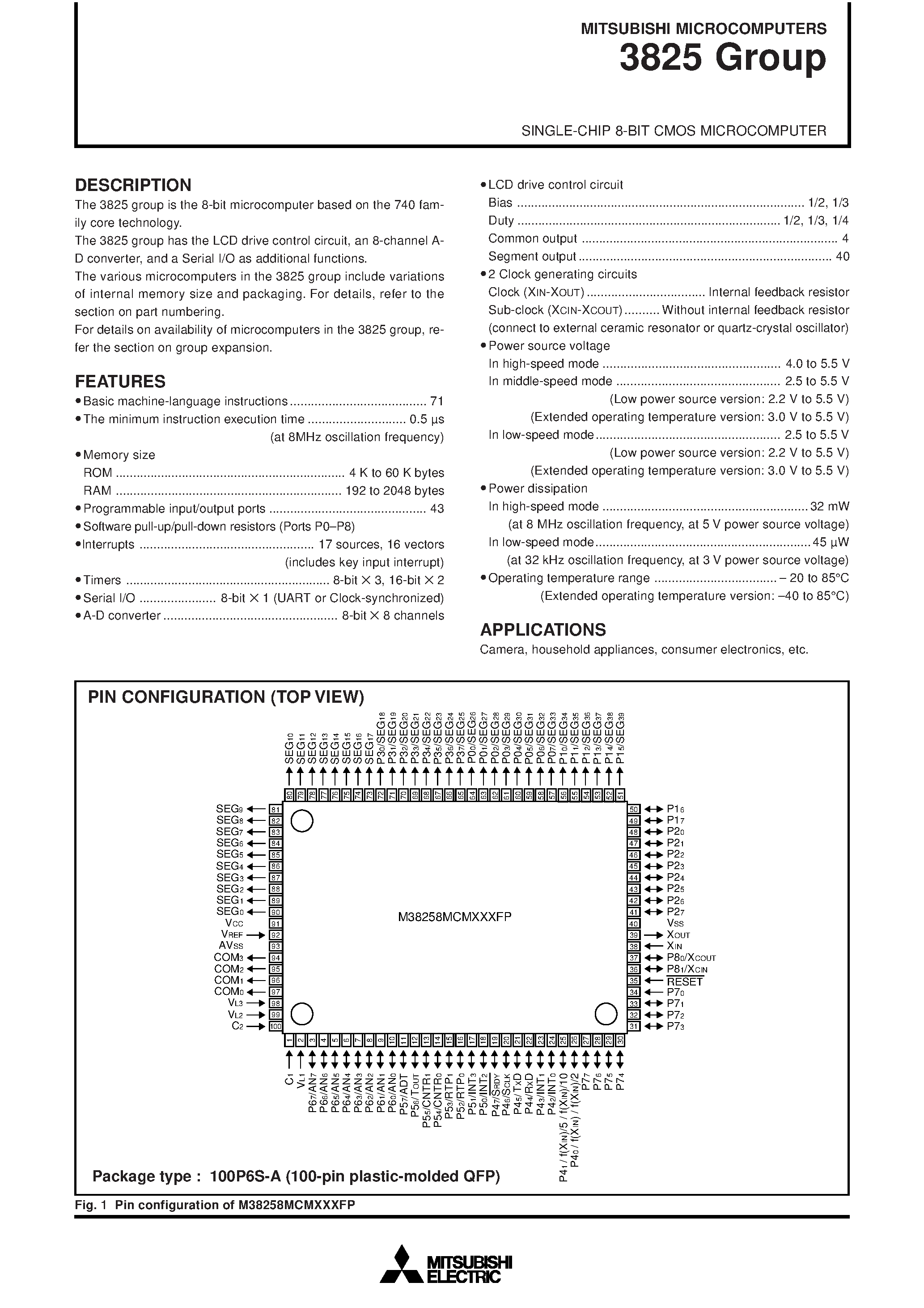 Datasheet M38257E8F8 - (M3825xxxx) SINGLE-CHIP 8-BIT CMOS MICROCOMPUTER page 1