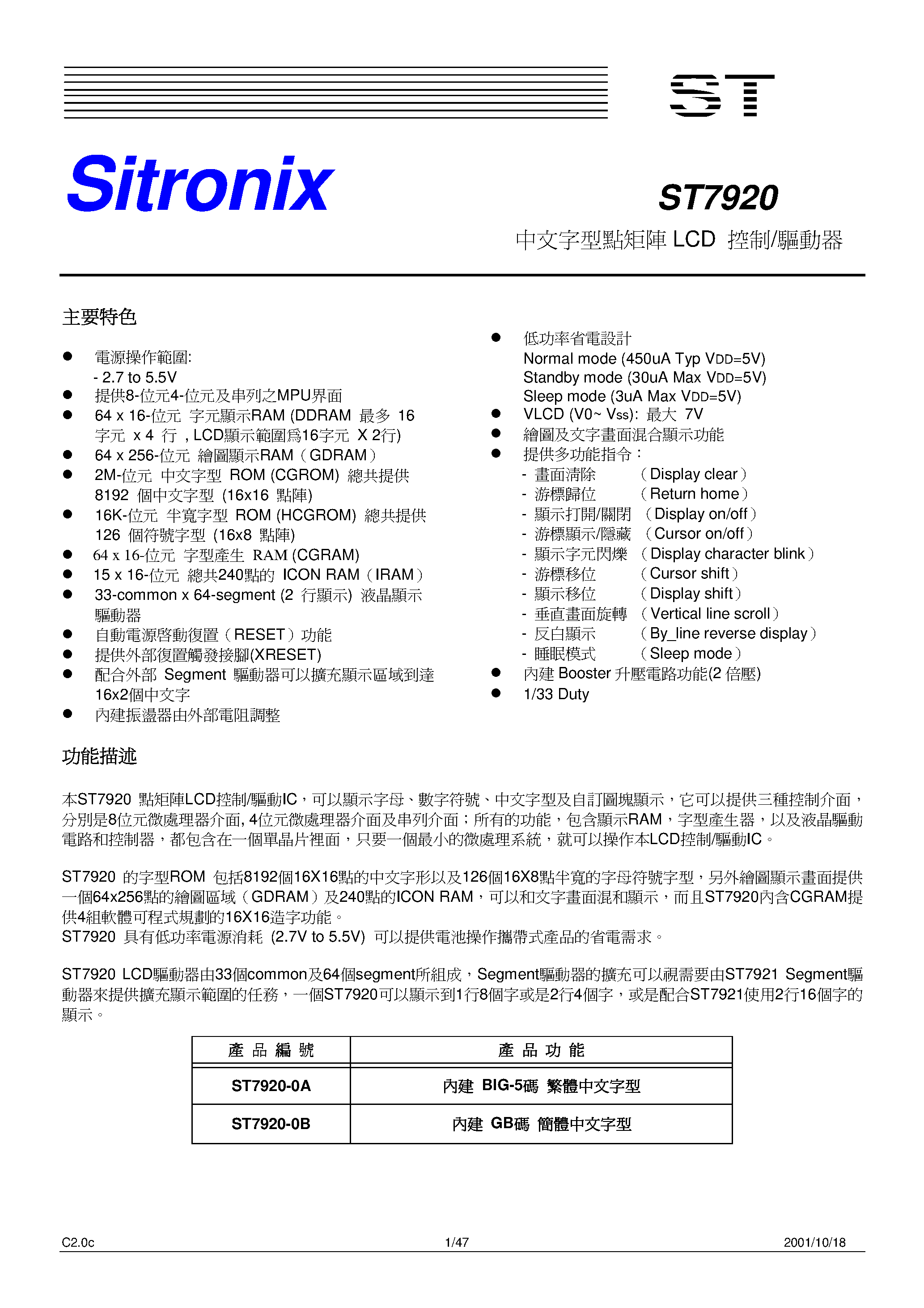 Datasheet ST7920 page 1 Datasheet ST7920 - ST7920 / LCD page 1