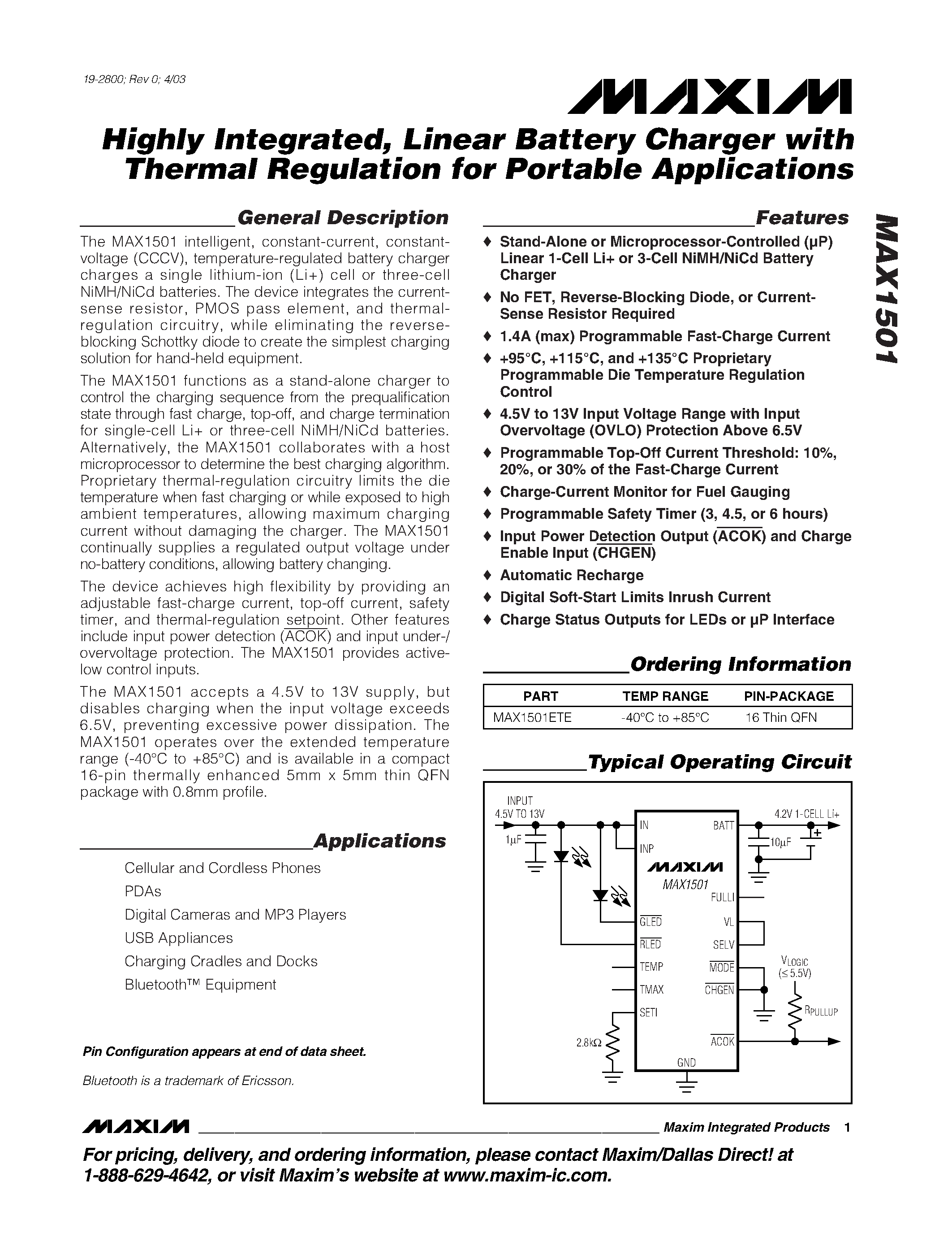 Datasheet MAX1501 - Highly Integrated Linear Battery Charger with Thermal Regulation for Portable Applications page 1