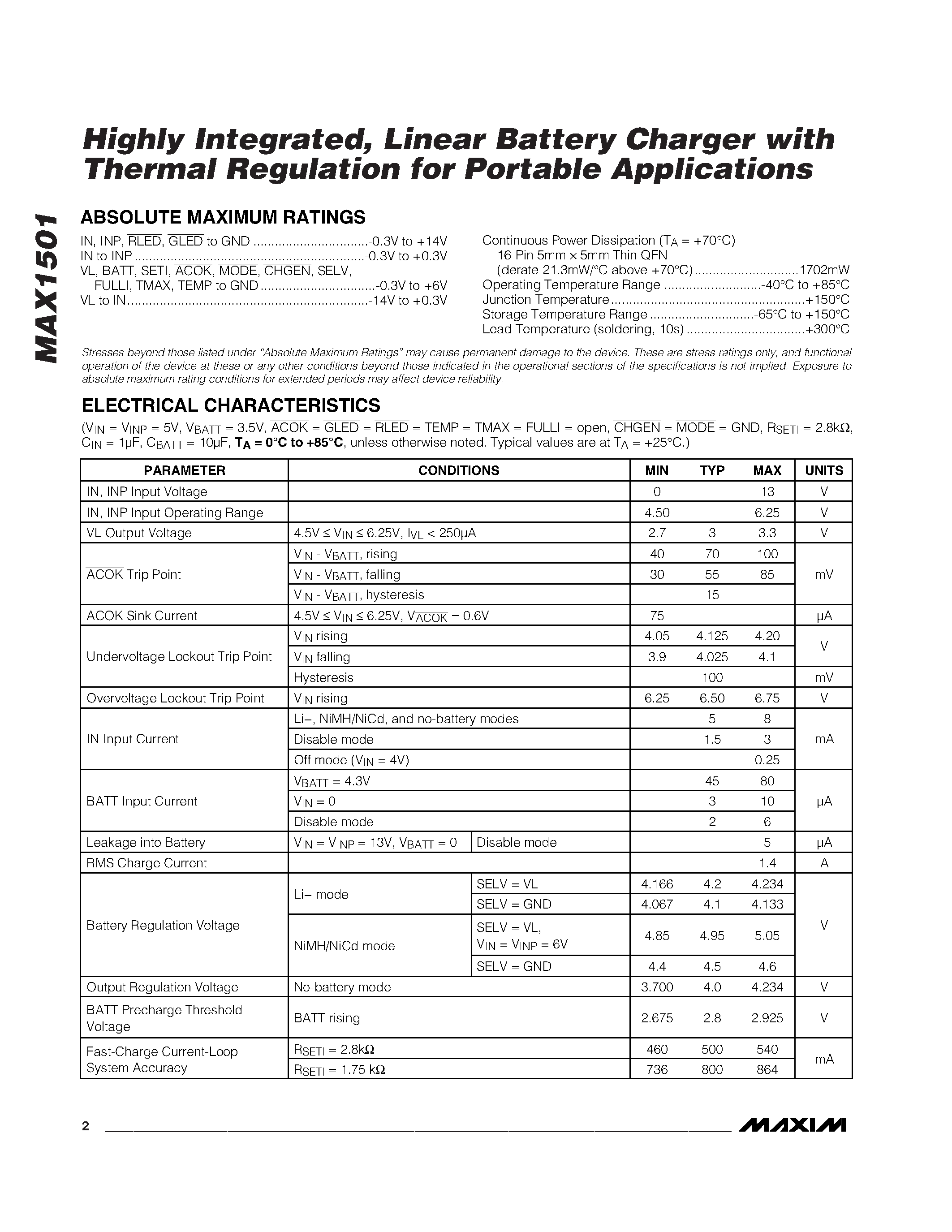 Datasheet MAX1501 - Highly Integrated Linear Battery Charger with Thermal Regulation for Portable Applications page 2