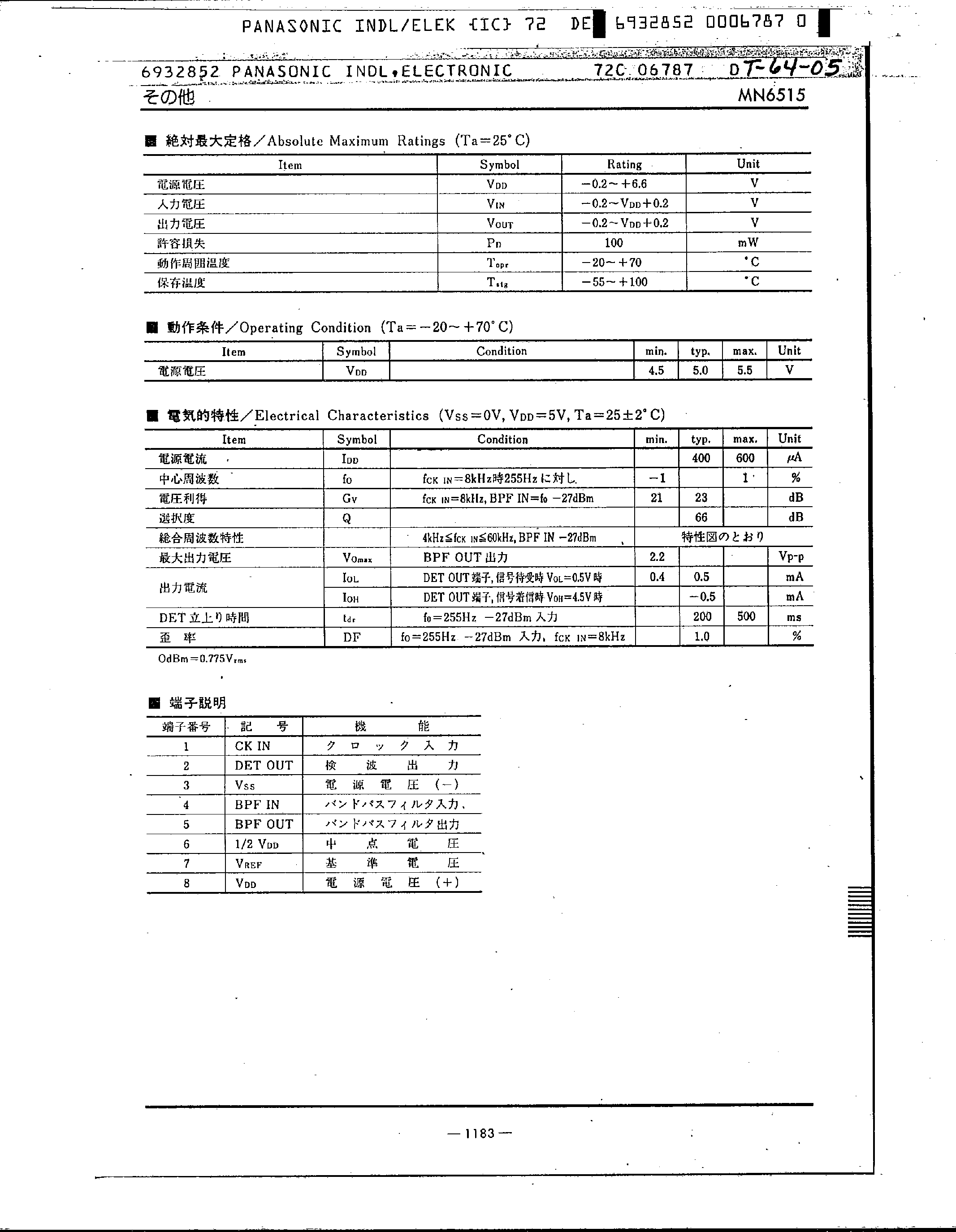 Datasheet MN6515 - Switched Capacitor Band-Pass Filter CMOS LSI page 2