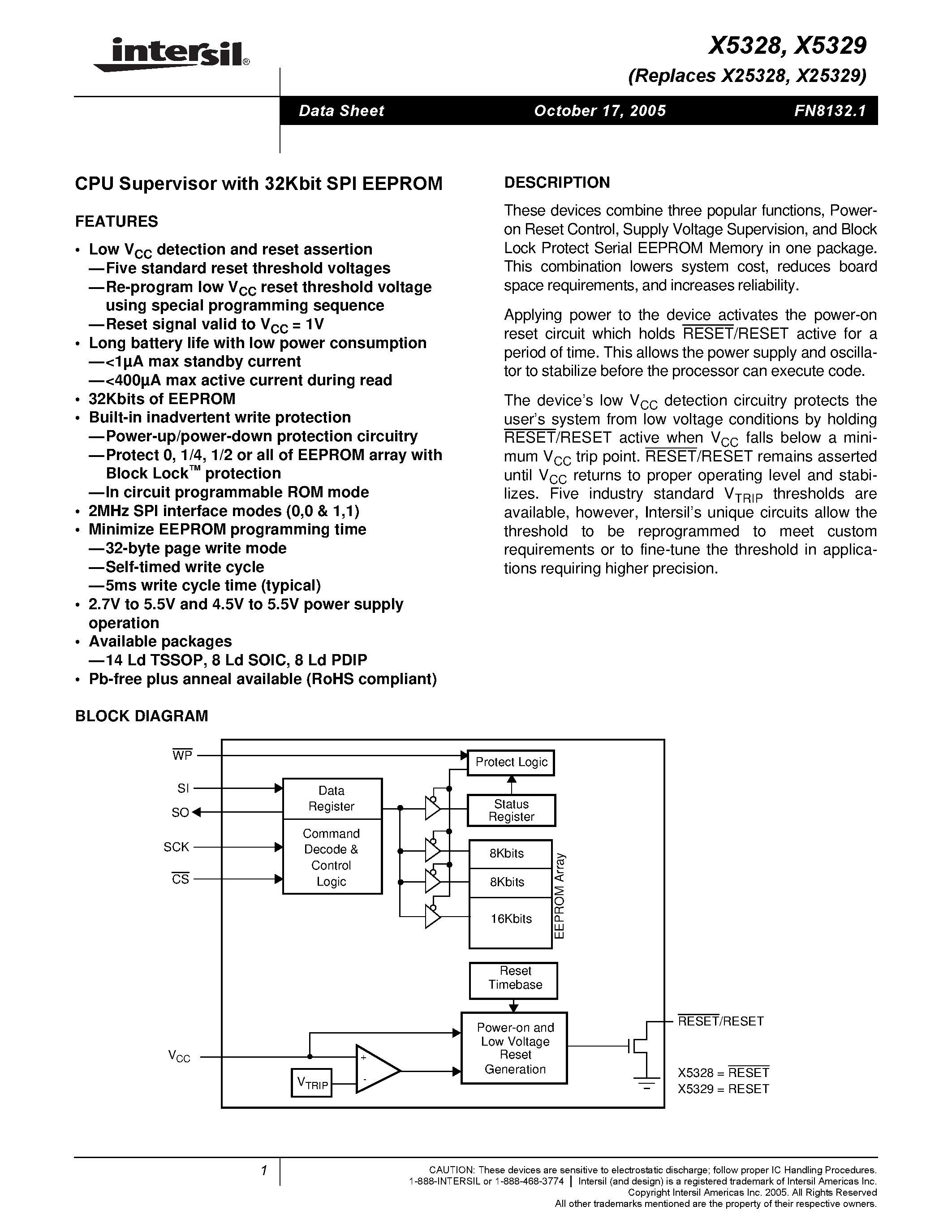 Datasheet X5328 - (X5328 / X5329) CPU Supervisor with 32Kbit SPI EEPROM page 1