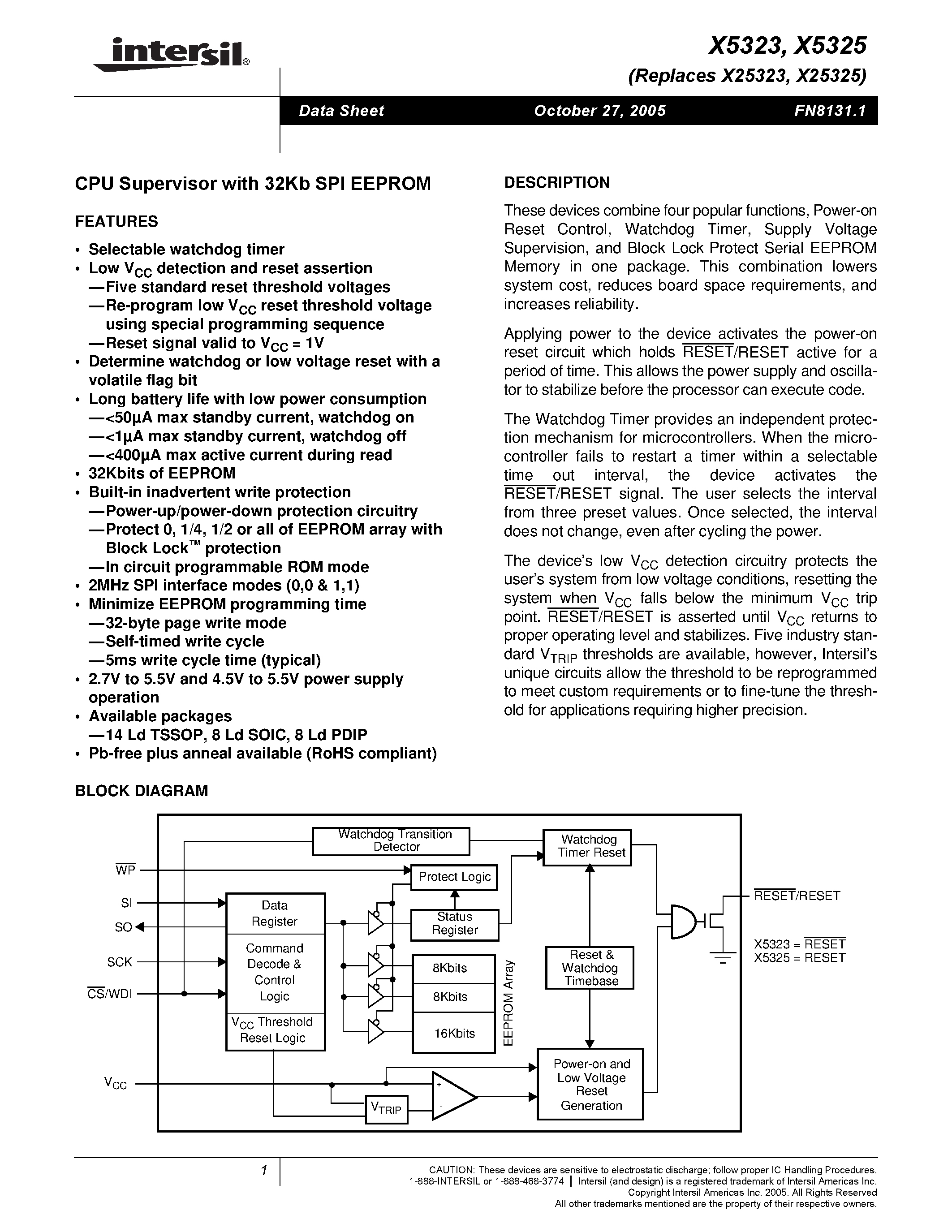 Datasheet X5323 page 1 Datasheet X5323 - (X5323 / X5325) CPU Supervisor with 32Kb SPI EEPROM page 1