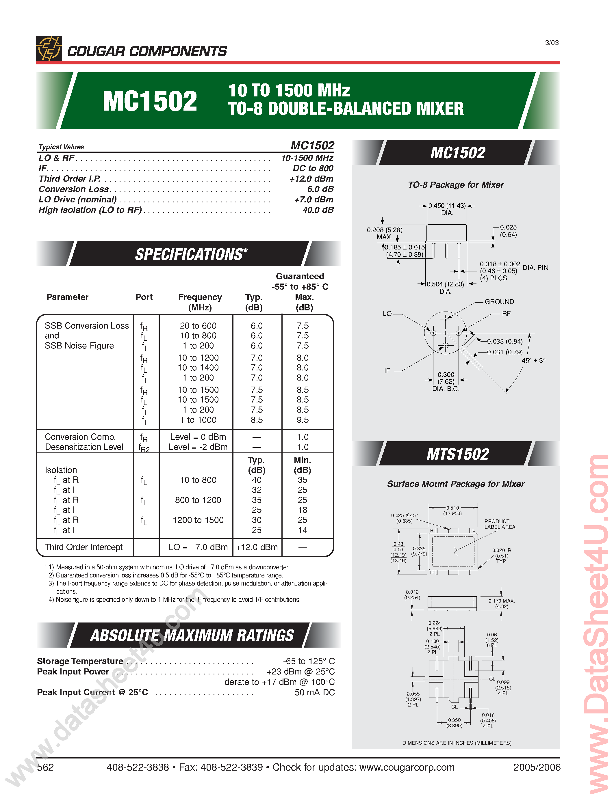 Даташит на микросхему MC1502 страница 1 Даташит MC1502 - Double Balanced Mixer страница 1