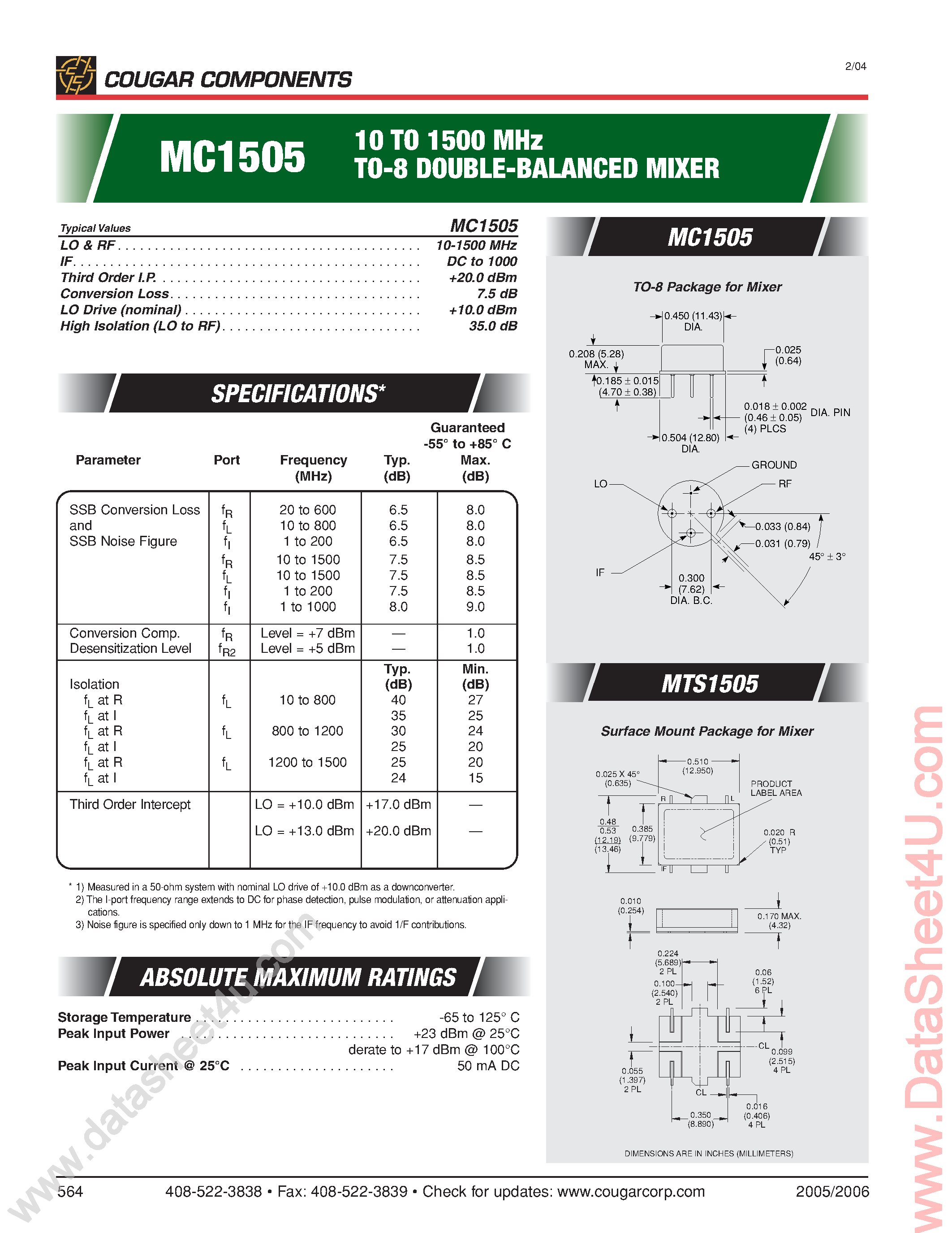 Даташит на микросхему MC1505 страница 1 Даташит MC1505 - Double Balanced Mixer страница 1