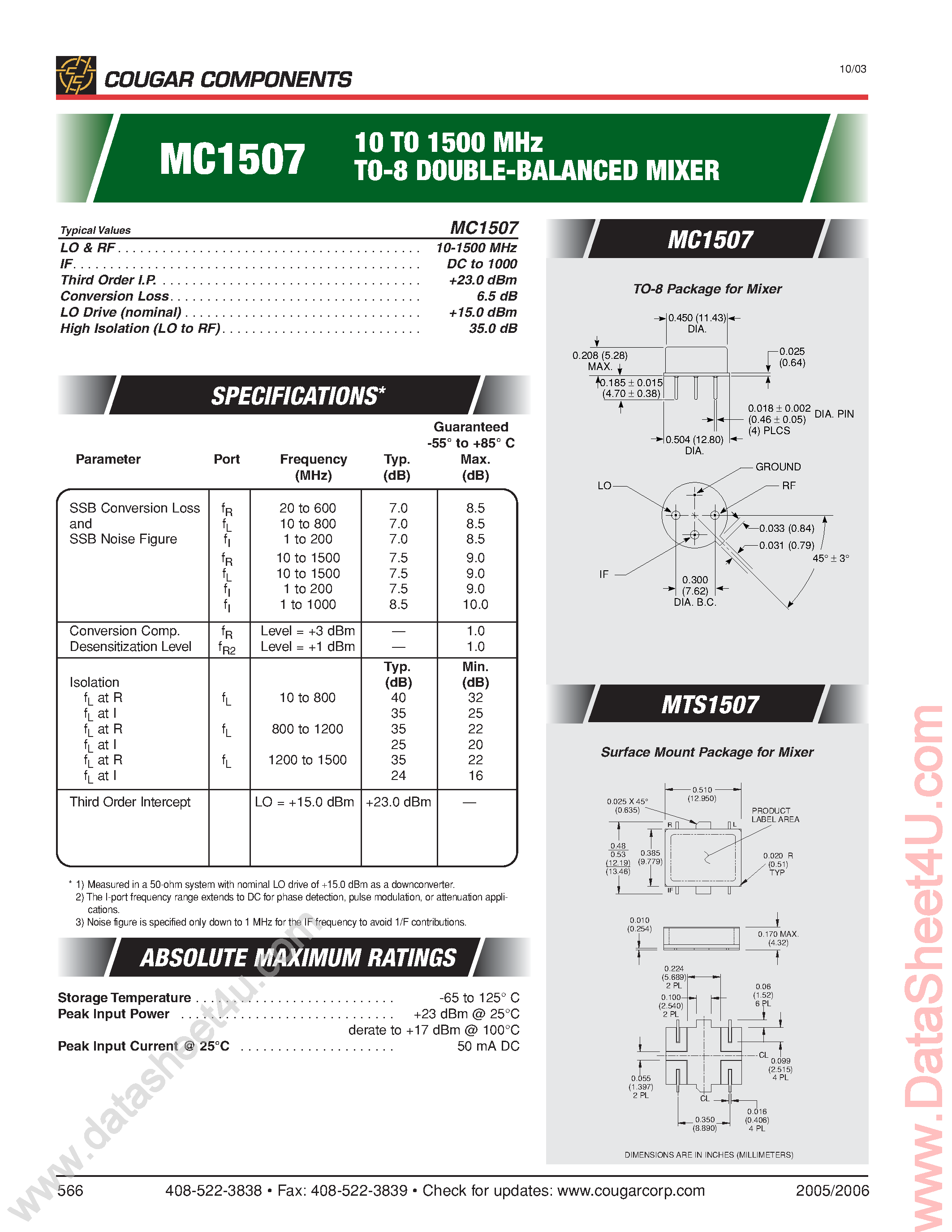 Даташит на микросхему MC1507 страница 1 Даташит MC1507 - Double Balanced Mixer страница 1