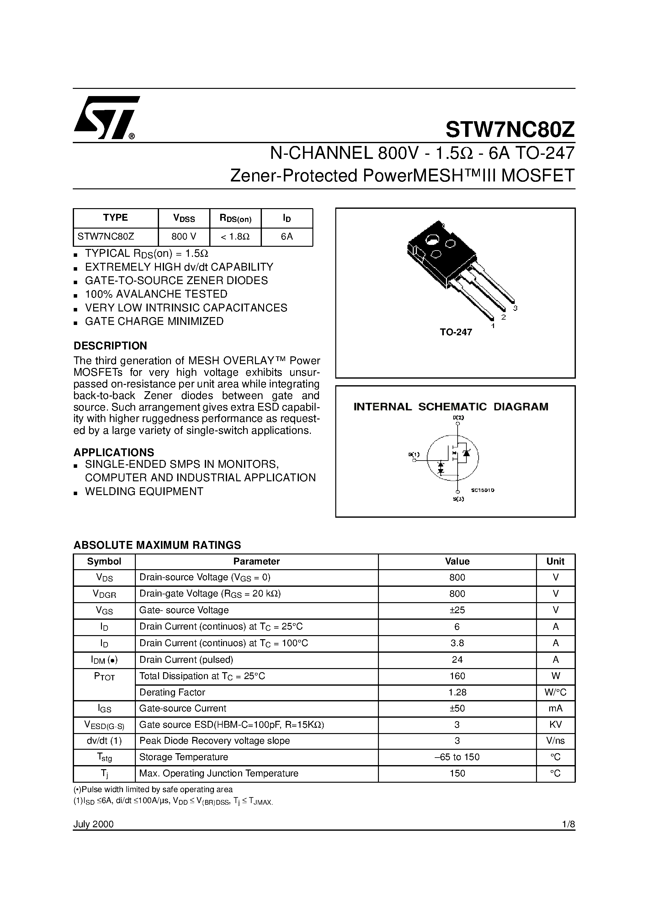 Datasheet STW7NC80Z page 1 Datasheet STW7NC80Z - N-CHANNEL MOSFET page 1