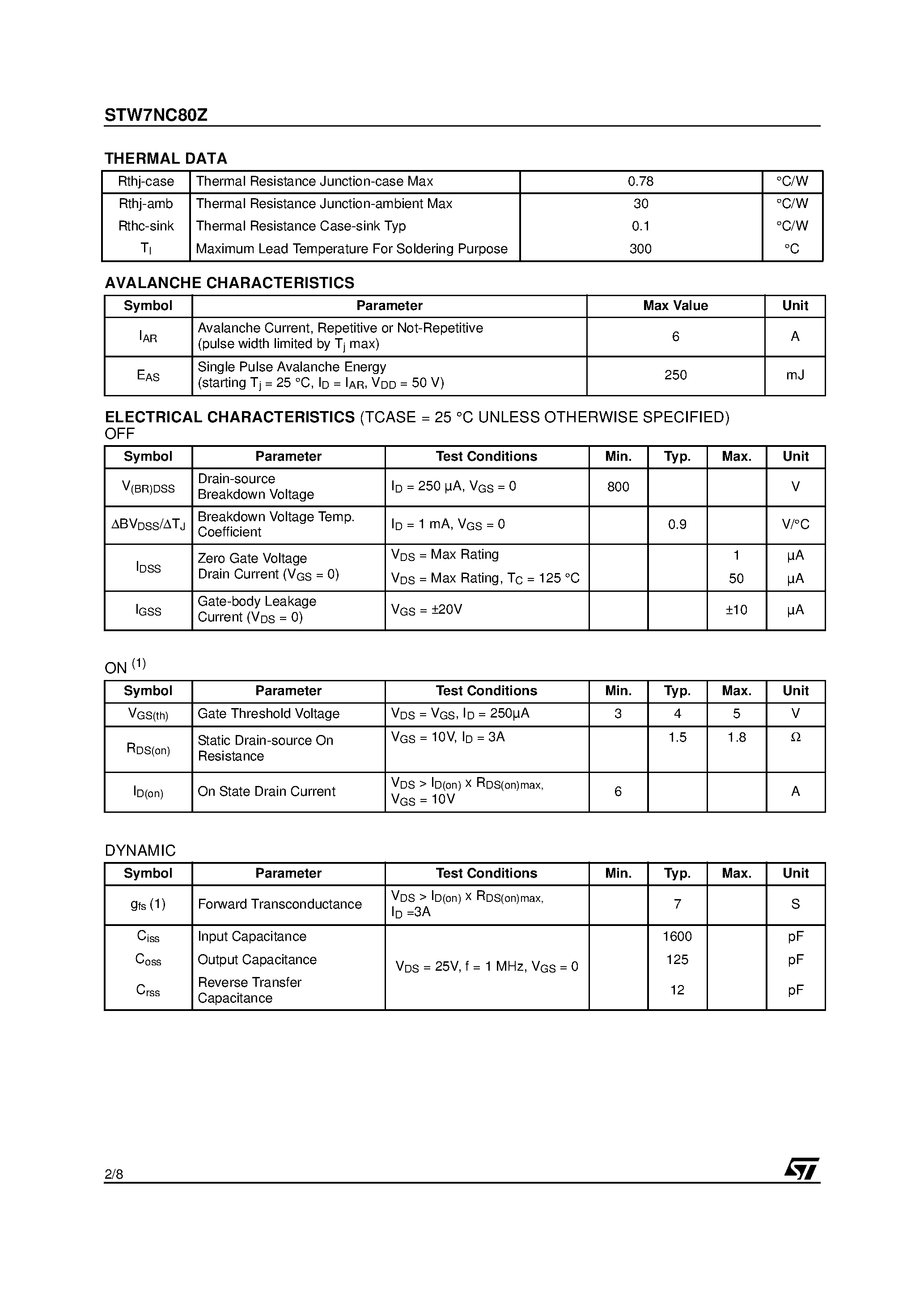 Datasheet STW7NC80Z page 2 Datasheet STW7NC80Z - N-CHANNEL MOSFET page 2