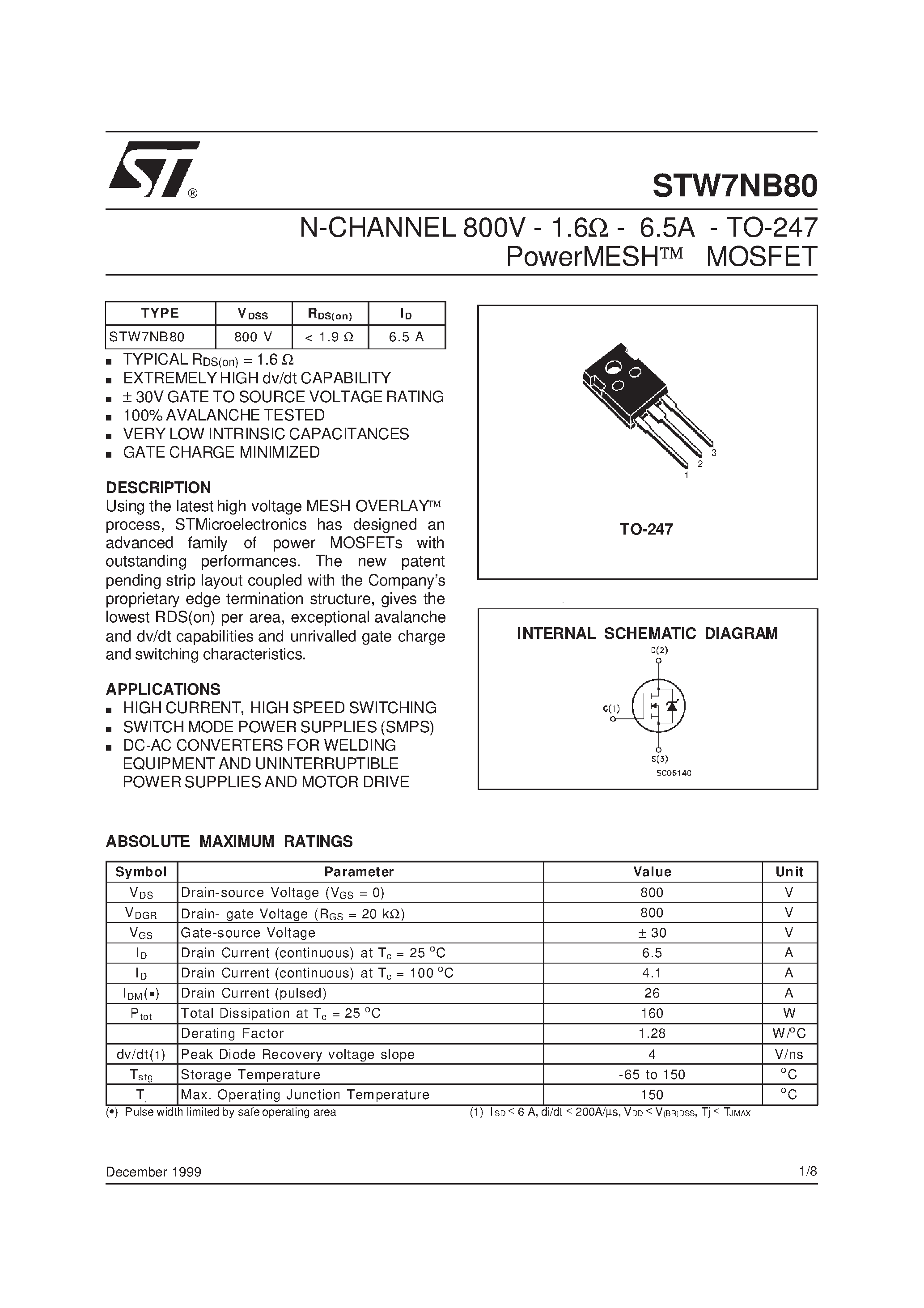 Datasheet STW7NB80 page 1 Datasheet STW7NB80 - N-CHANNEL MOSFET page 1