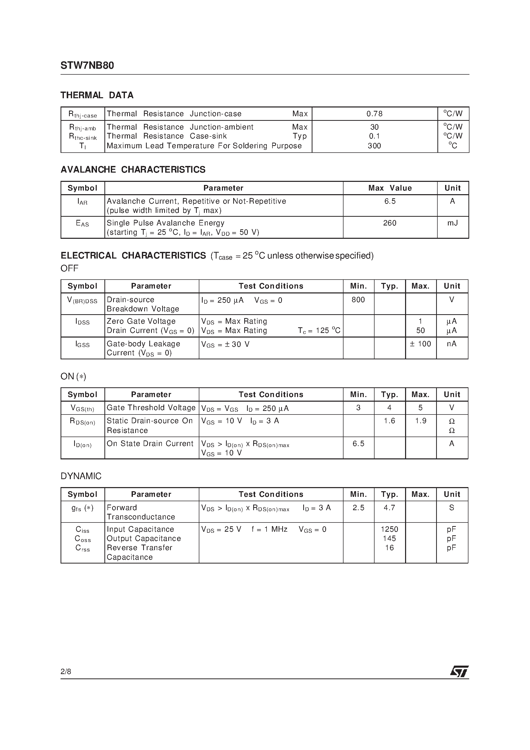 Datasheet STW7NB80 page 2 Datasheet STW7NB80 - N-CHANNEL MOSFET page 2