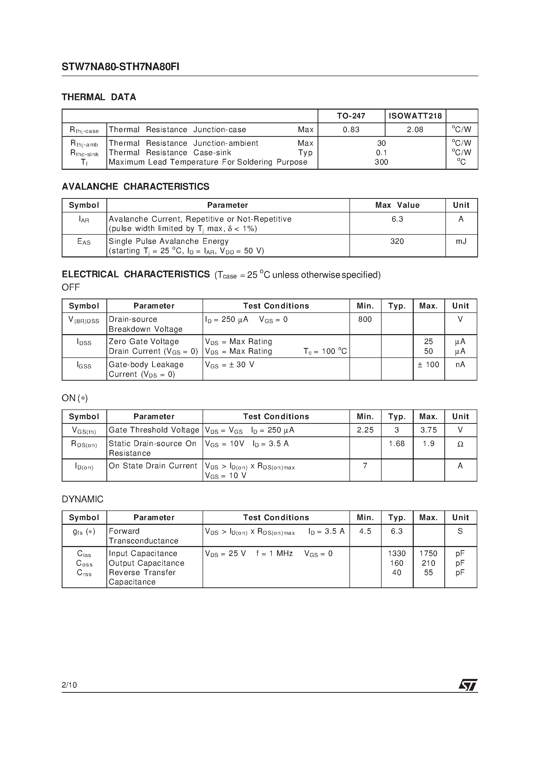Datasheet STW7NA80 - N-CHANNEL MOSFET page 2