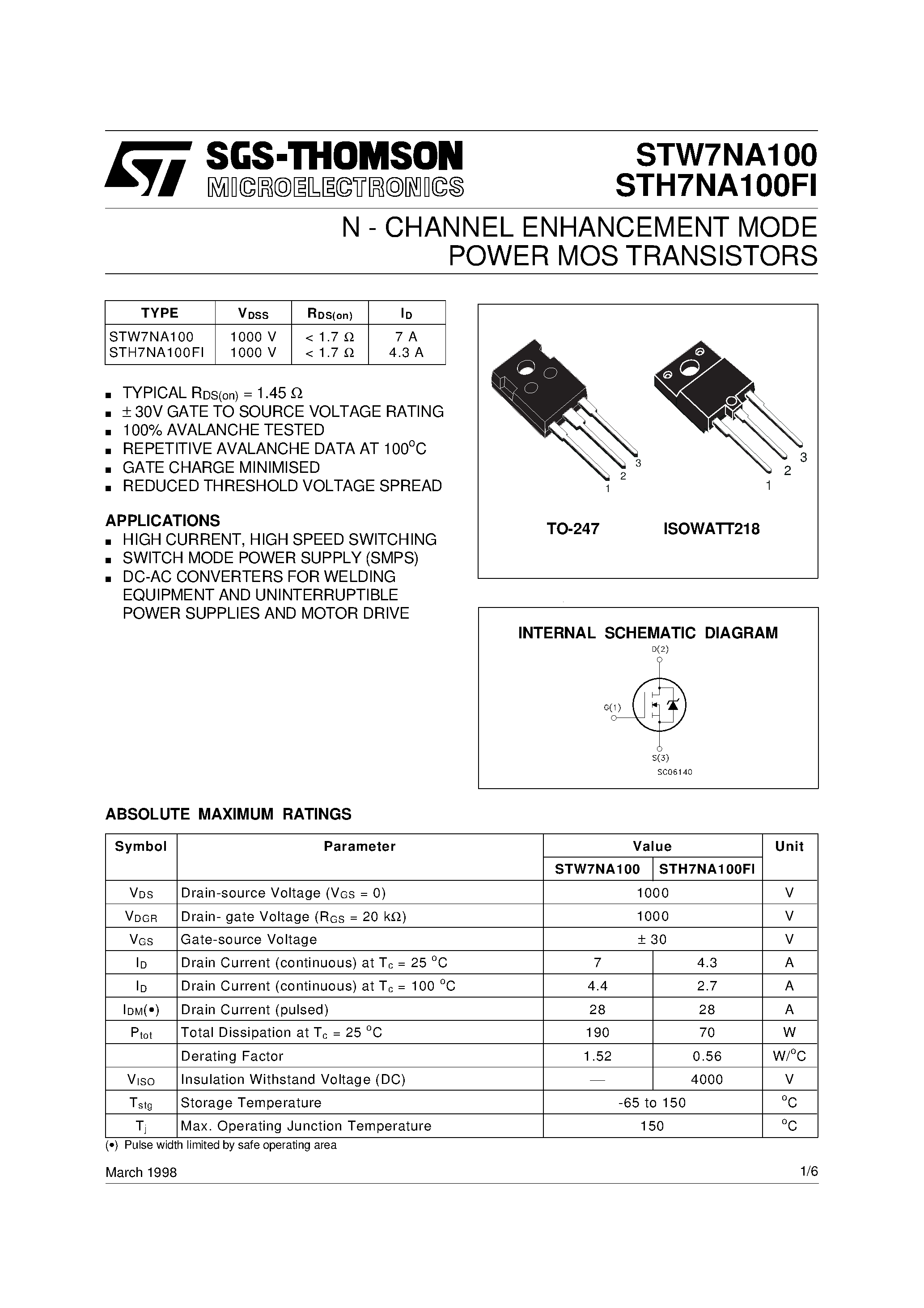 Datasheet STW7NA100 page 1 Datasheet STW7NA100 - N-CHANNEL MOSFET page 1