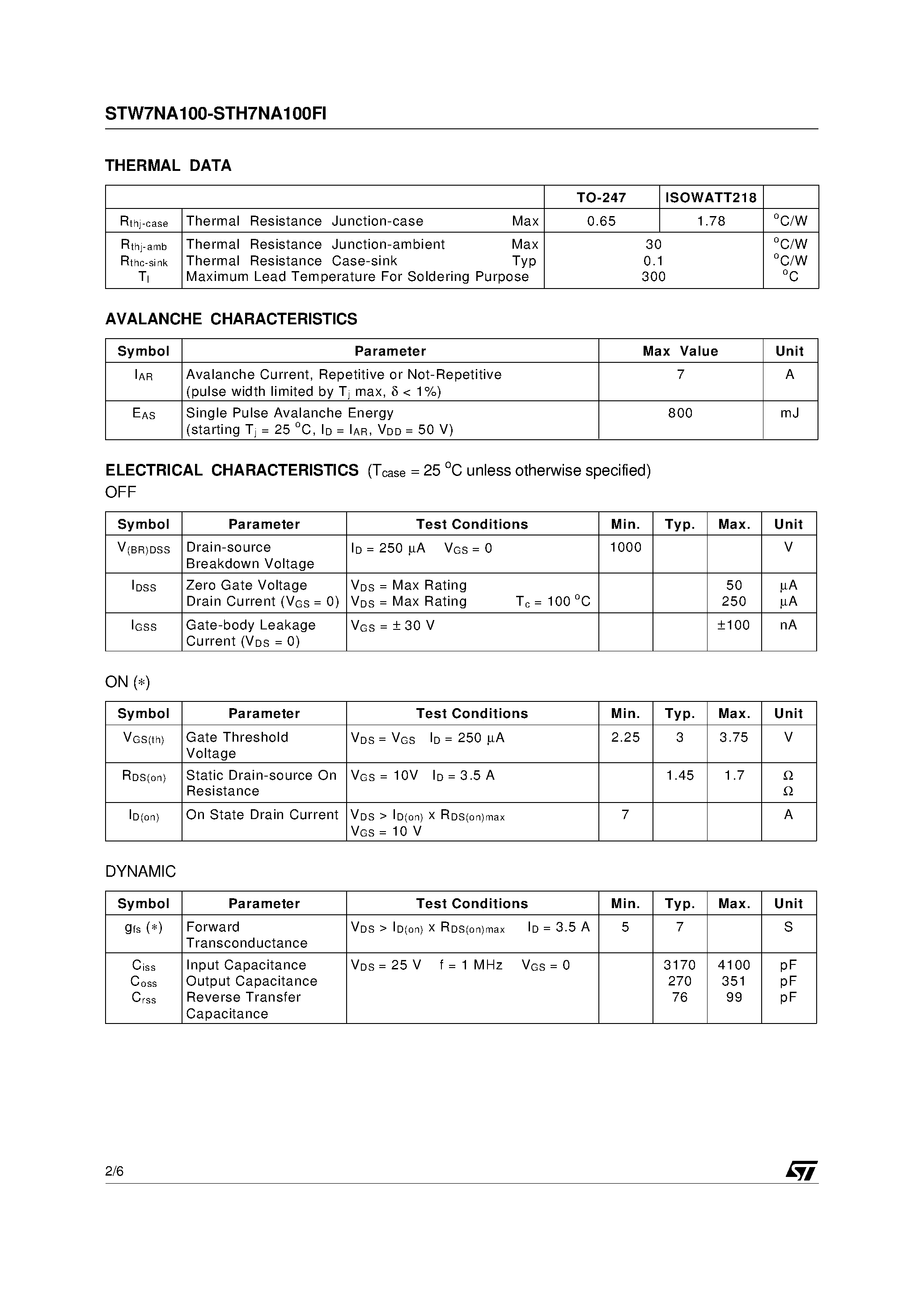 Datasheet STW7NA100 page 2 Datasheet STW7NA100 - N-CHANNEL MOSFET page 2