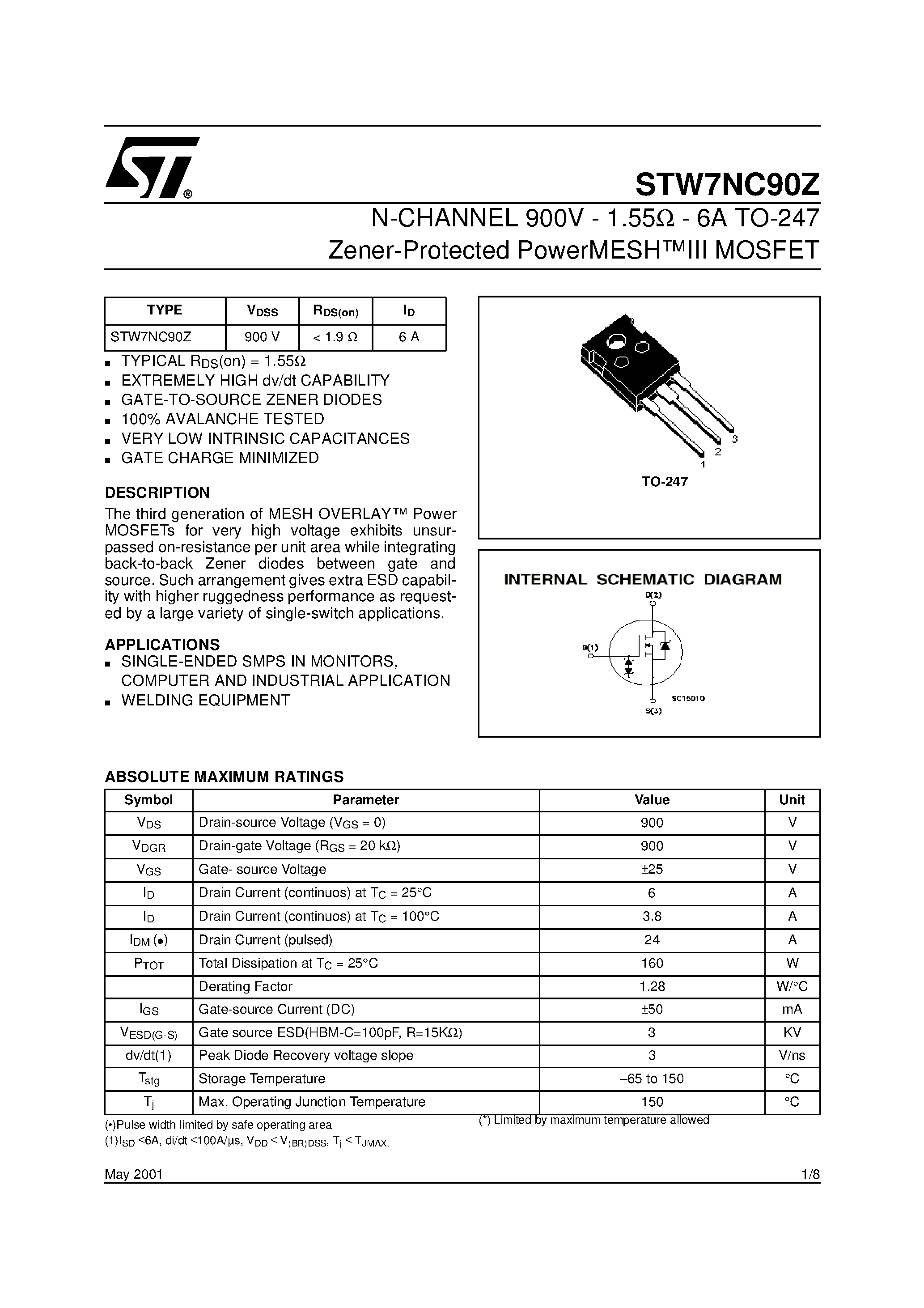 Datasheet STW7NC90Z page 1 Datasheet STW7NC90Z - N-CHANNEL MOSFET page 1