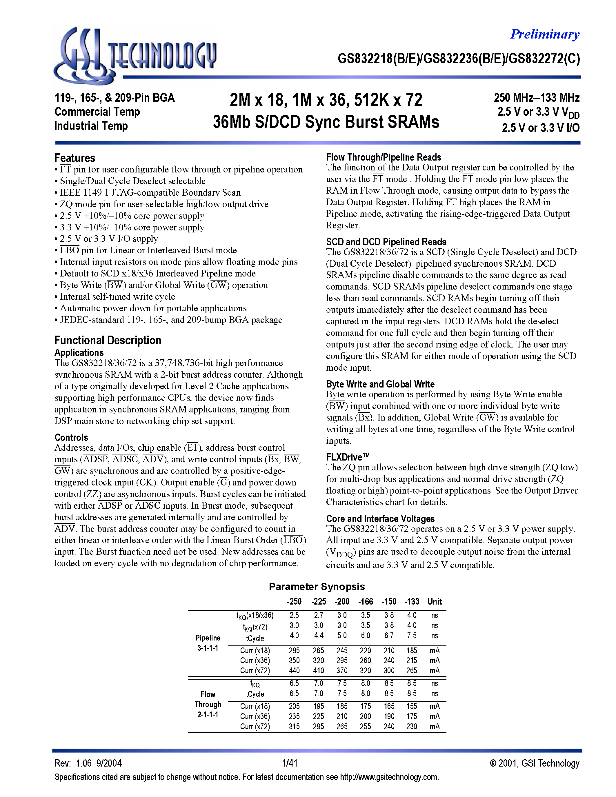 Datasheet GS832218 - (GS832218 / GS832236 / GS832272) S/DCD Sync Burst SRAMs page 1