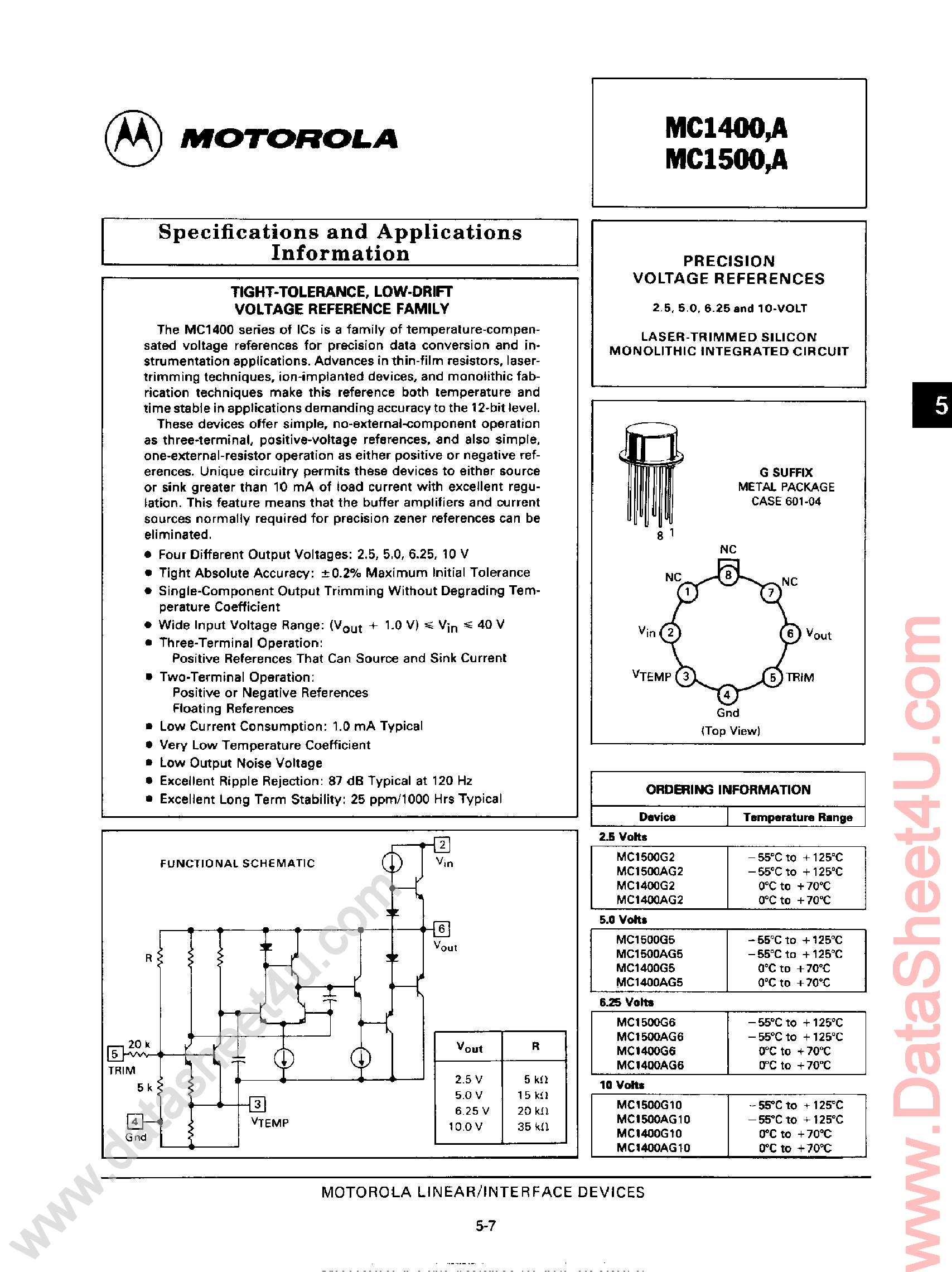 Даташит на микросхему MC1400 страница 1 Даташит MC1400 - (MC1500 / MC1400) Laser Trimmed Silicon Monolithic Integrated Circuit страница 1