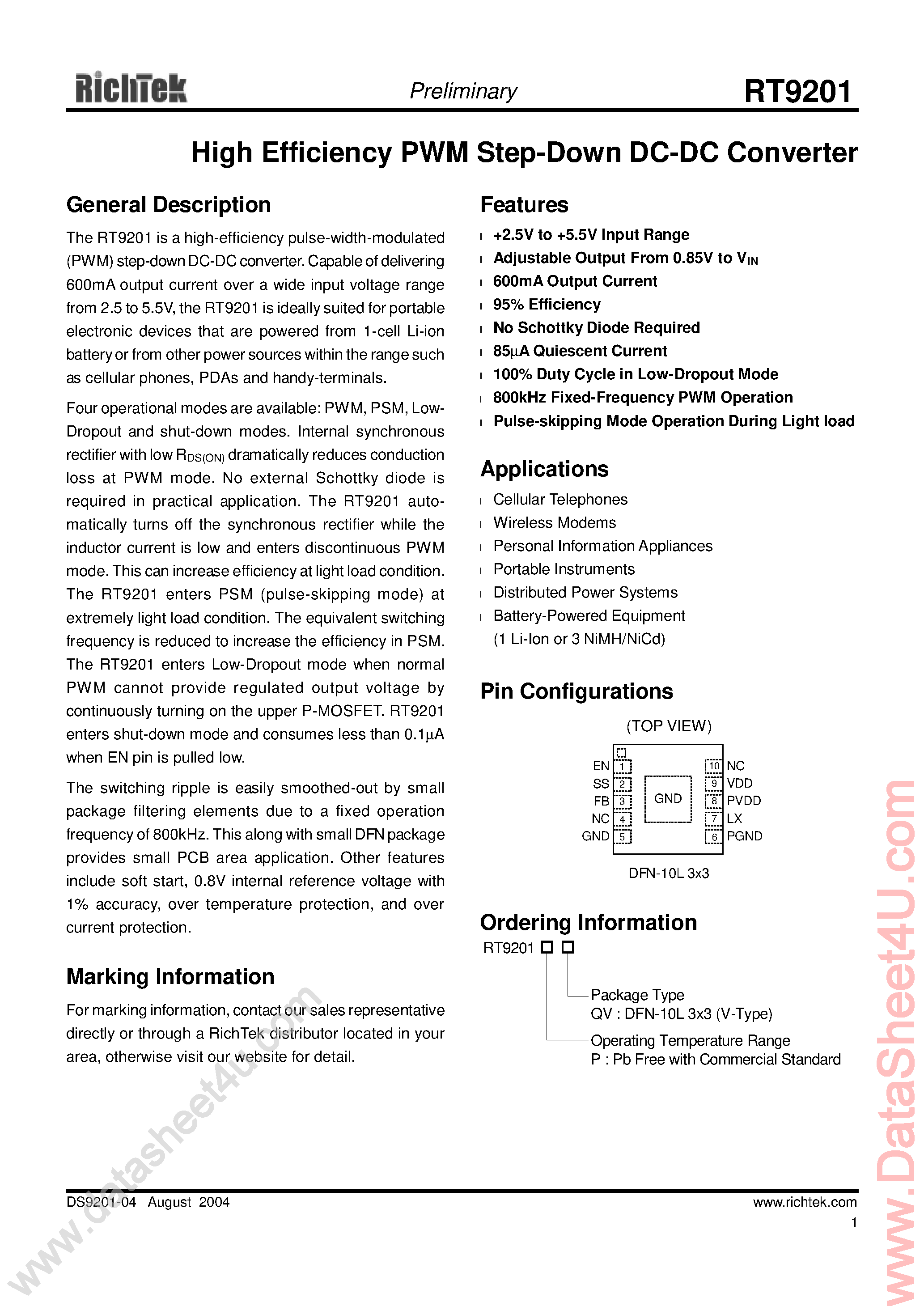 Datasheet RT9201 - High Efficiency PWM Step-Down DC-DC Converter page 1