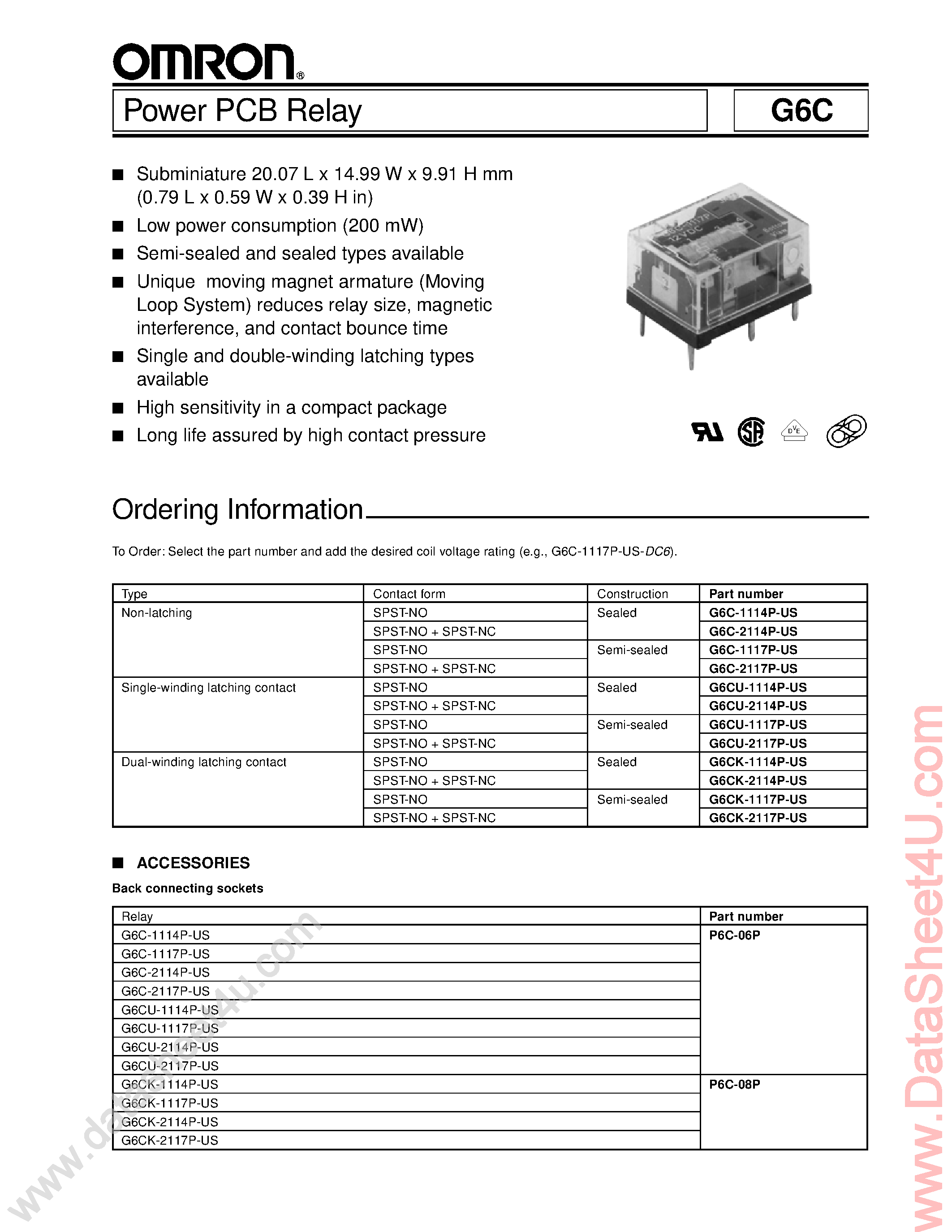 Даташит G6C-11xxx - (G6C Series) Power PCB Relay страница 1