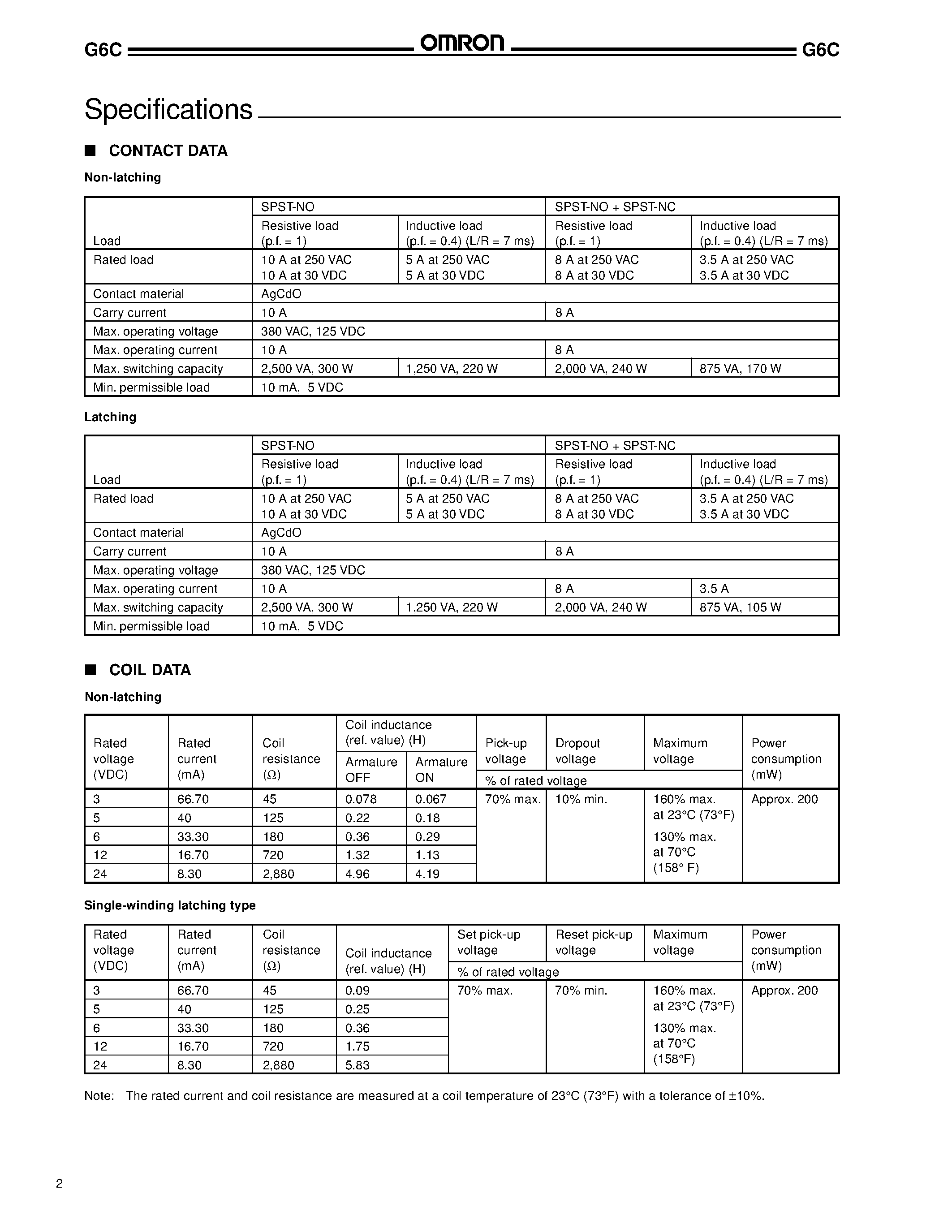 Даташит G6C-11xxx - (G6C Series) Power PCB Relay страница 2