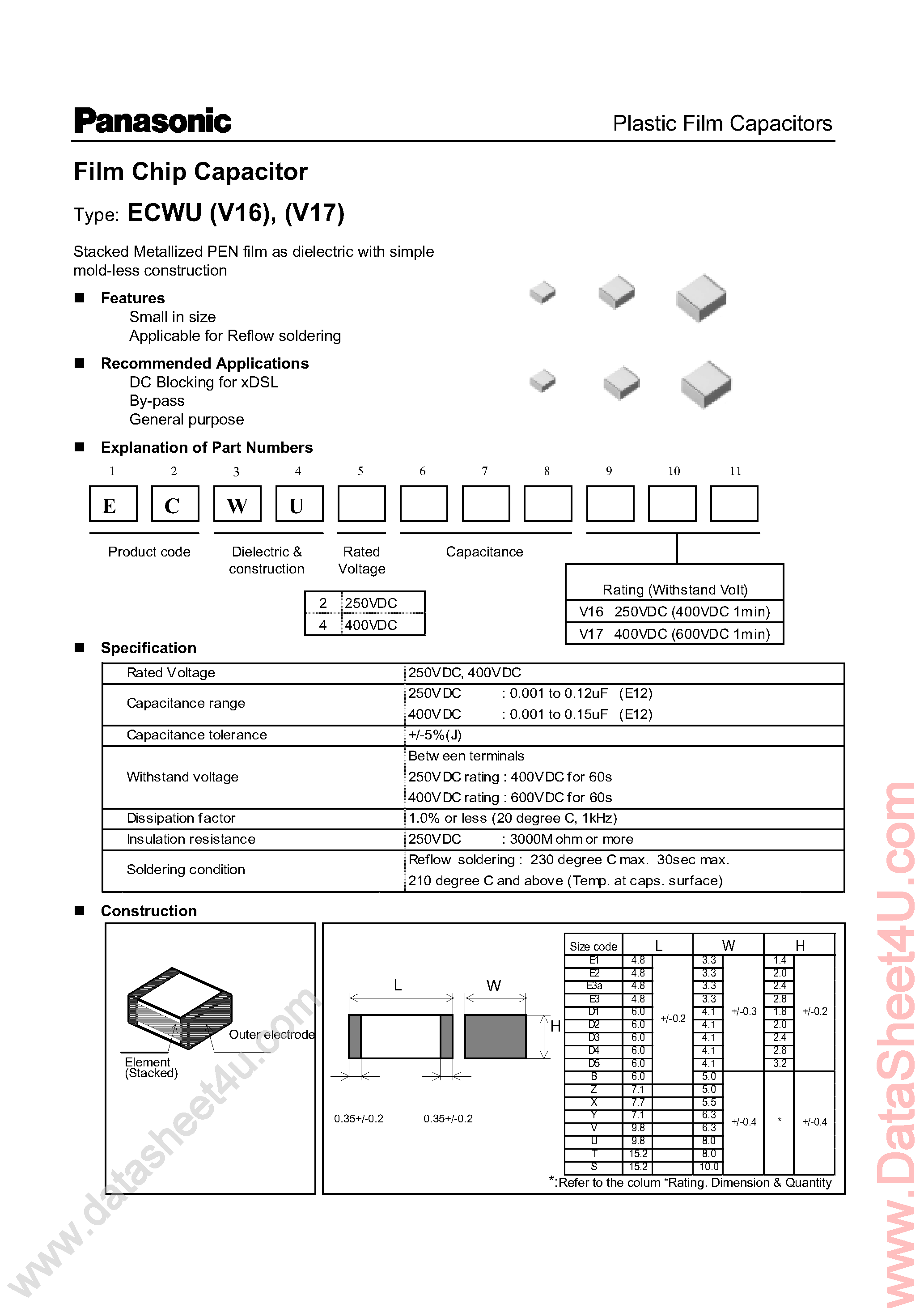 Datasheet ECWU2103V16 - (ECWU Series) Film Chip Capacitor page 1