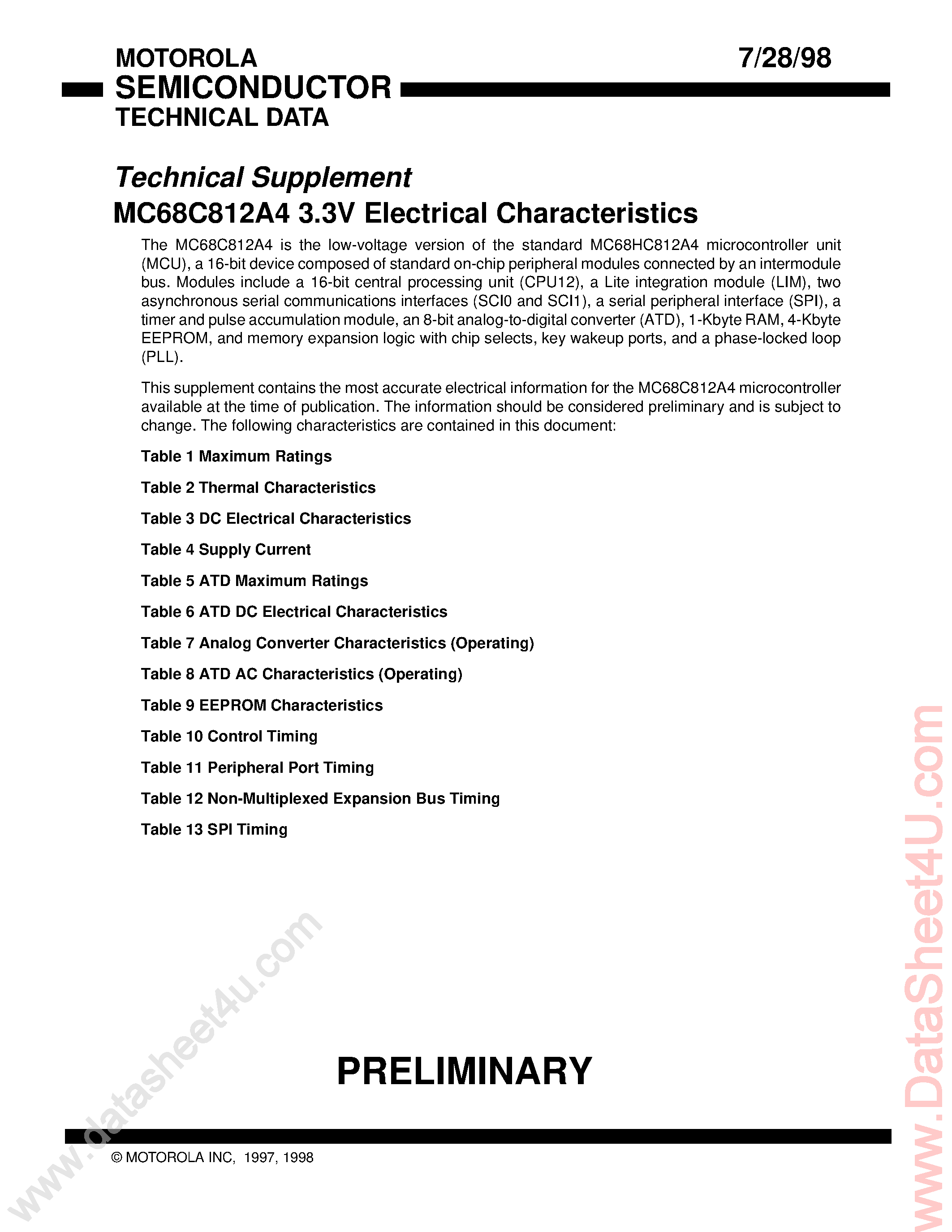 Даташит на микросхему XC68HC812A4 страница 1 Даташит XC68HC812A4 - Technical Suppliment Document Covering The 3 V Version of The 812A4 страница 1