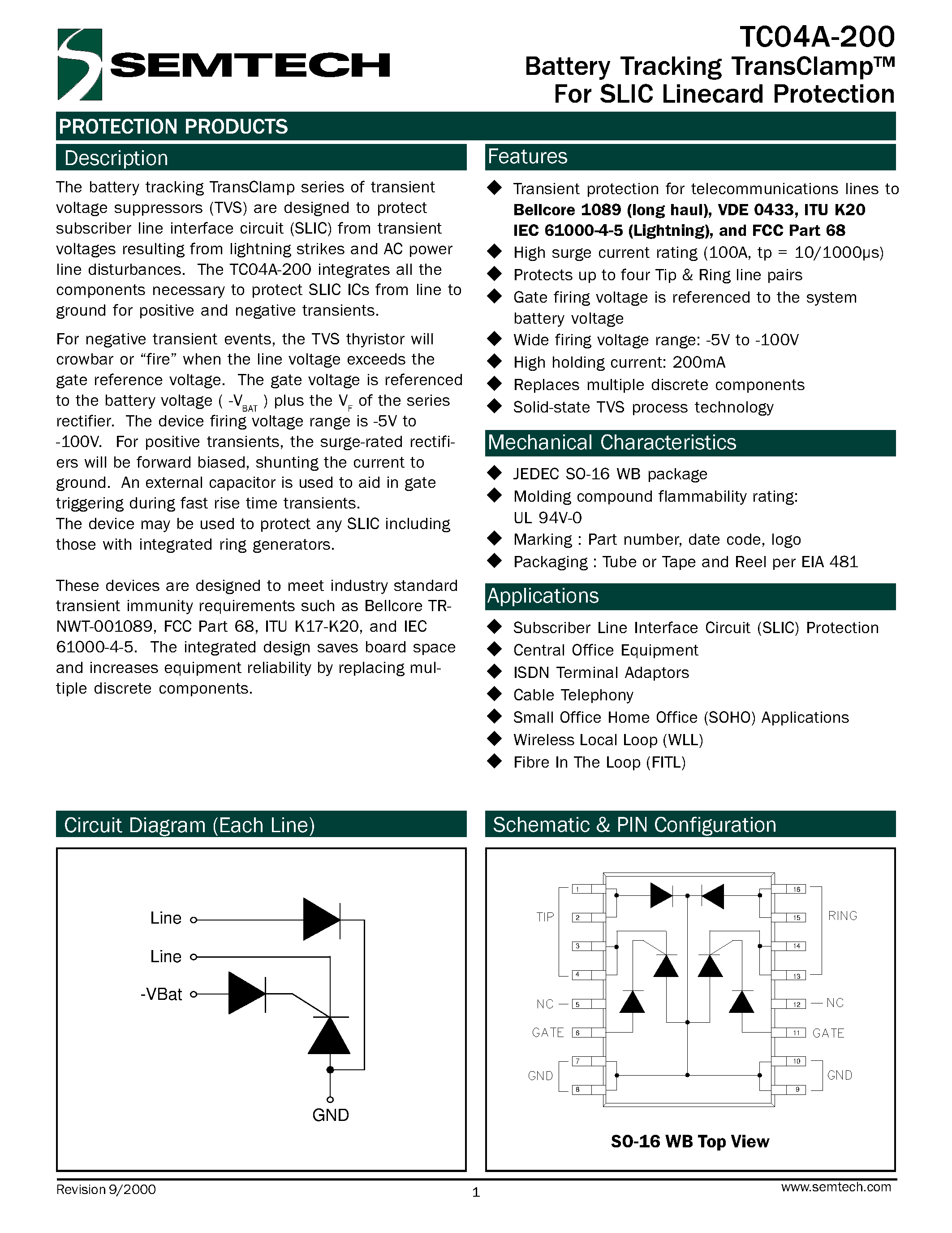 Datasheet TC04A-200 - Battery Tracking TransClamp For SLIC Linecard Protection page 1