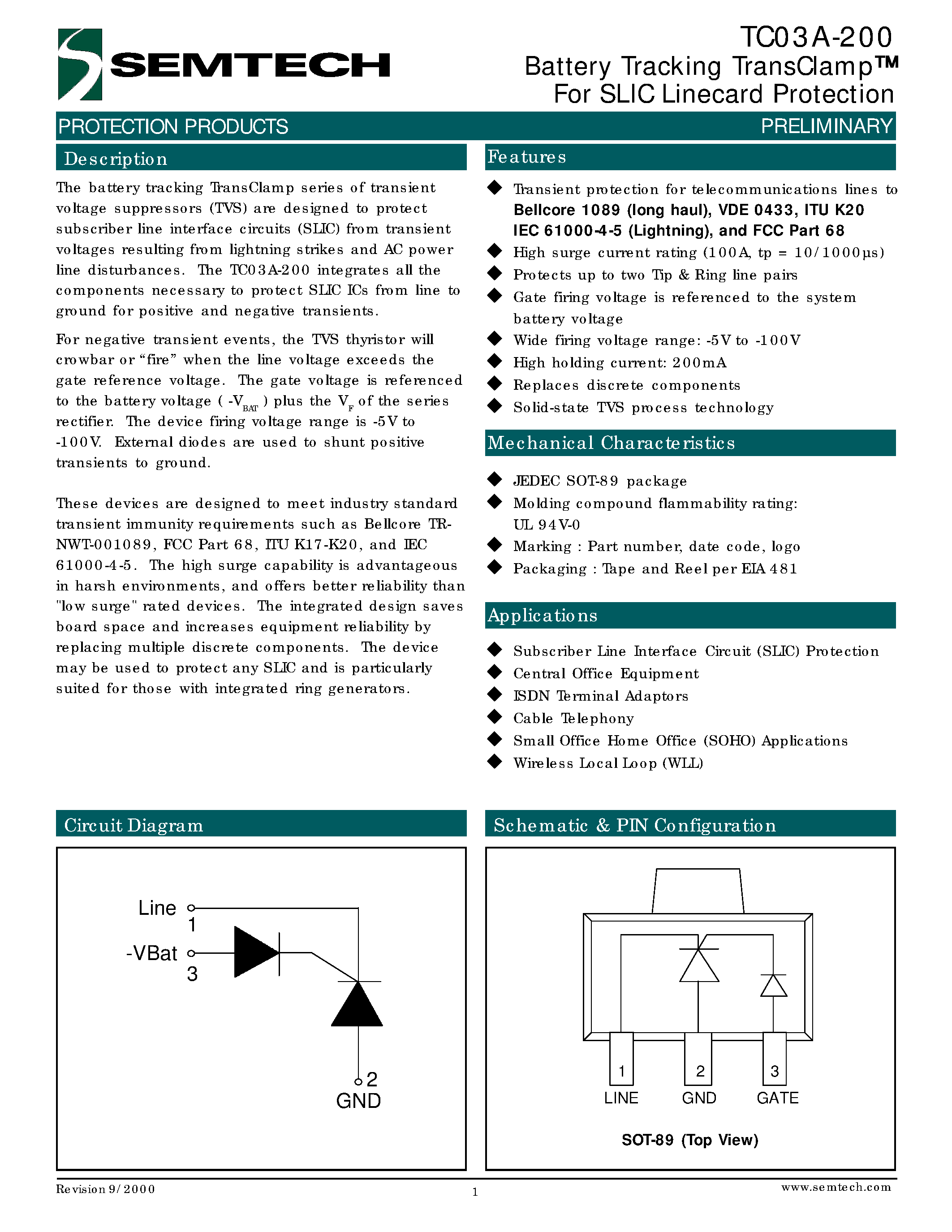 Datasheet TC03A-200 - Battery Tracking TransClamp For SLIC Linecard Protection page 1