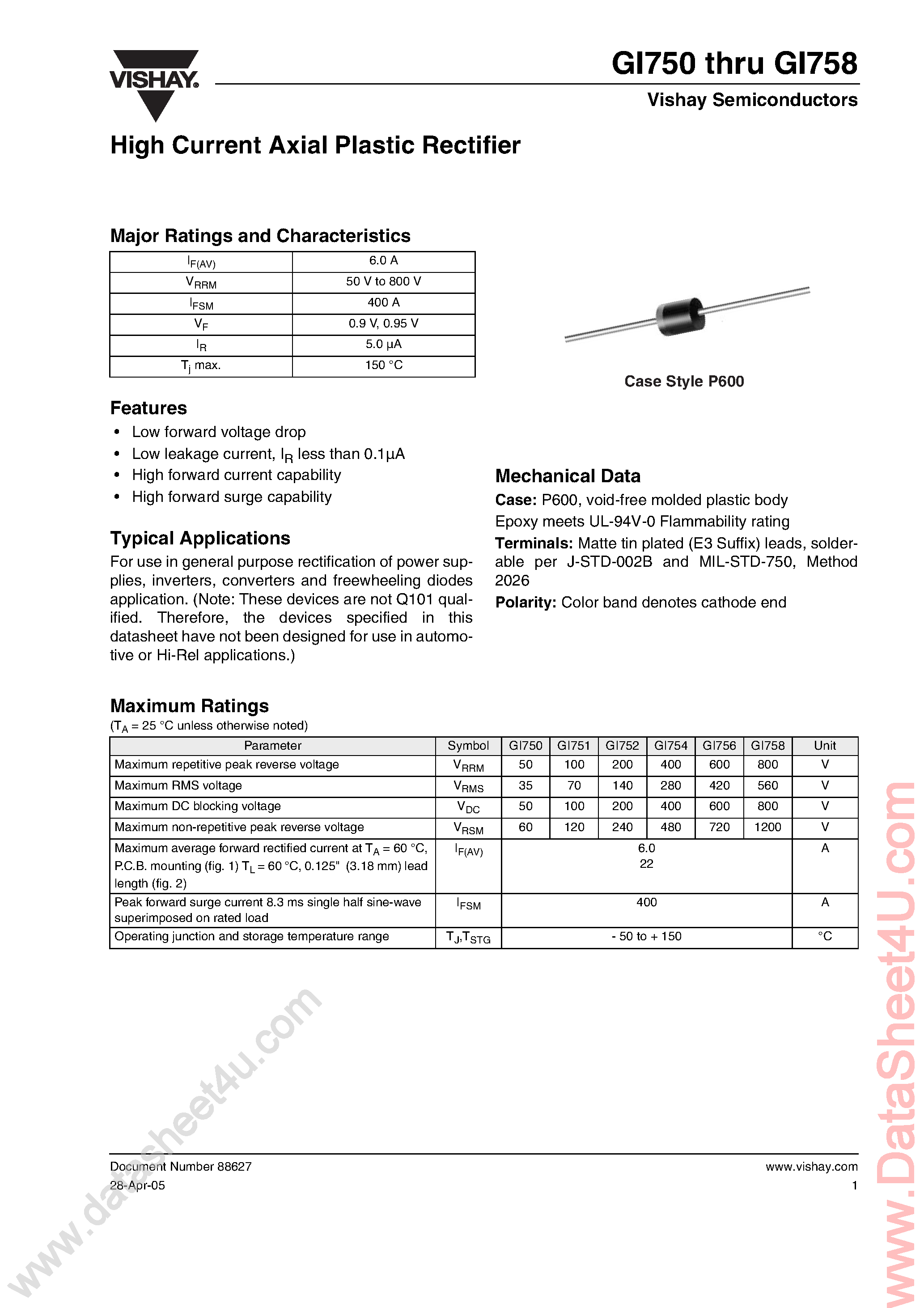 Datasheet GI750 page 1 Datasheet GI750 - (GI750 - GI758) High Current Axial Plastic Rectifier page 1