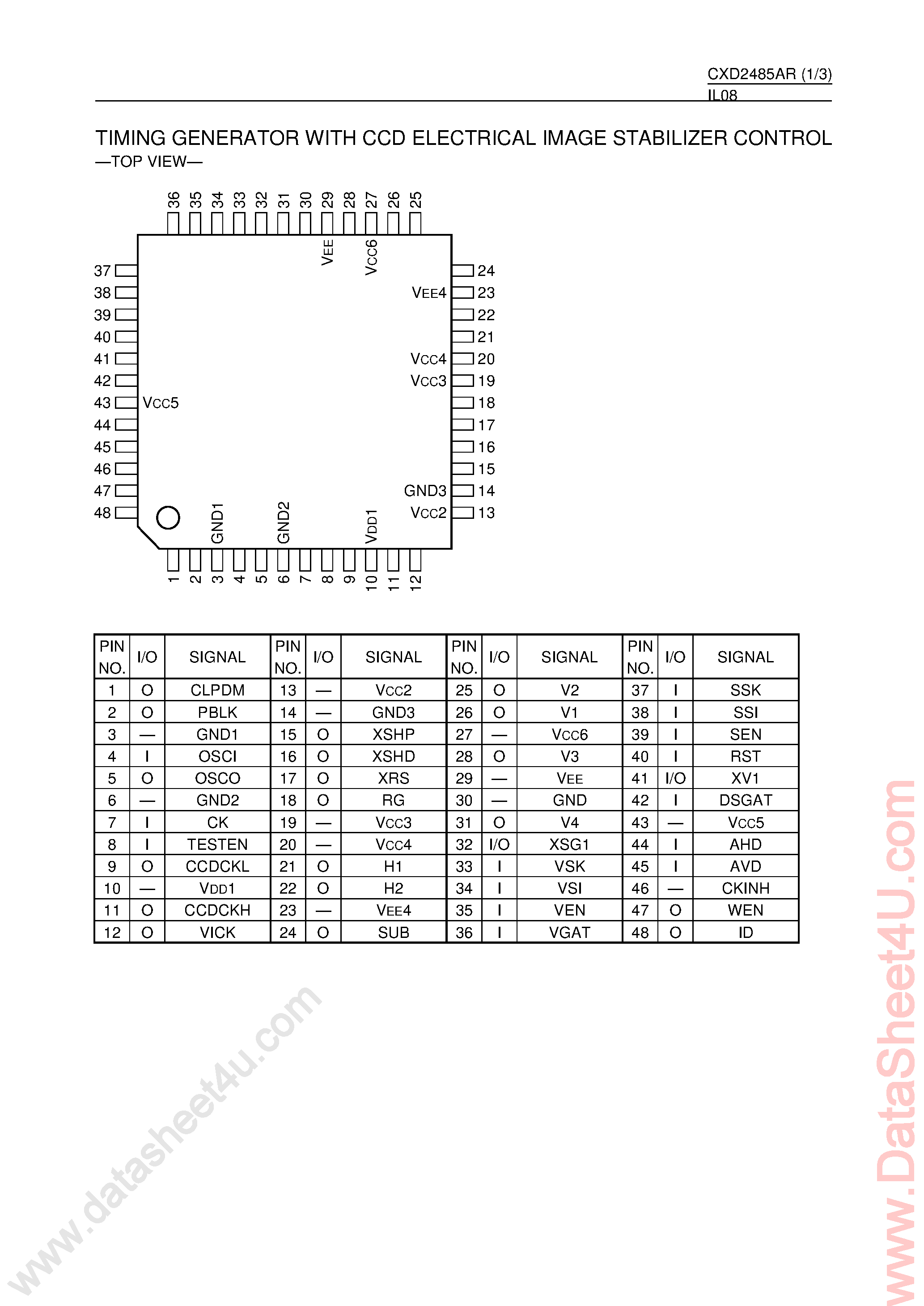 Datasheet CXD2485AR page 1 Datasheet CXD2485AR - Timing Generator with CCD Electrical Image Stabilizer Control page 1