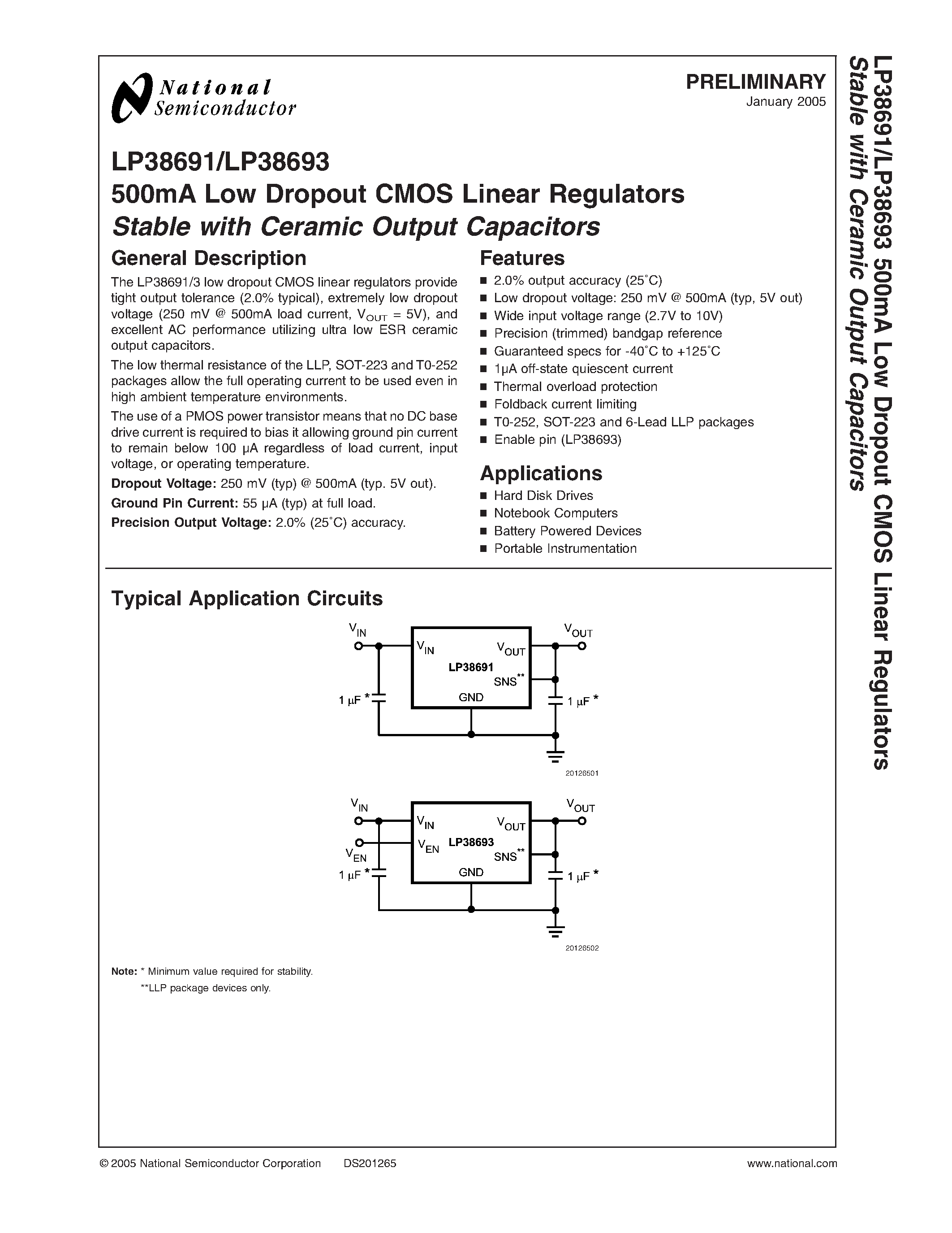 Datasheet LP38691 - (LP38691 / LP38693) 500mA Low Dropout CMOS Linear Regulators Stable with Ceramic Output Capacitors page 1