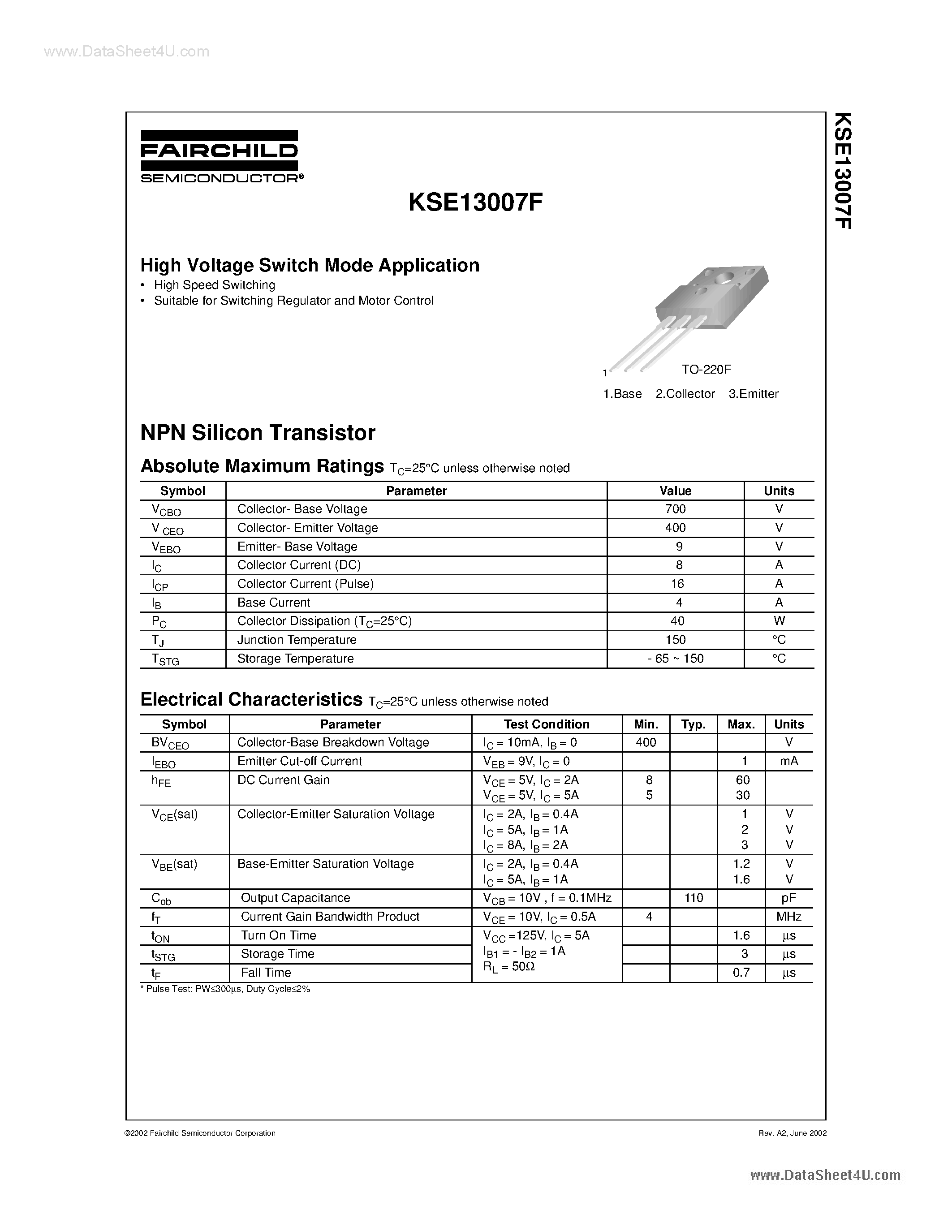 Даташит E13007F2 - Search -----> MJE13007F2 / KSE13007F2 страница 1