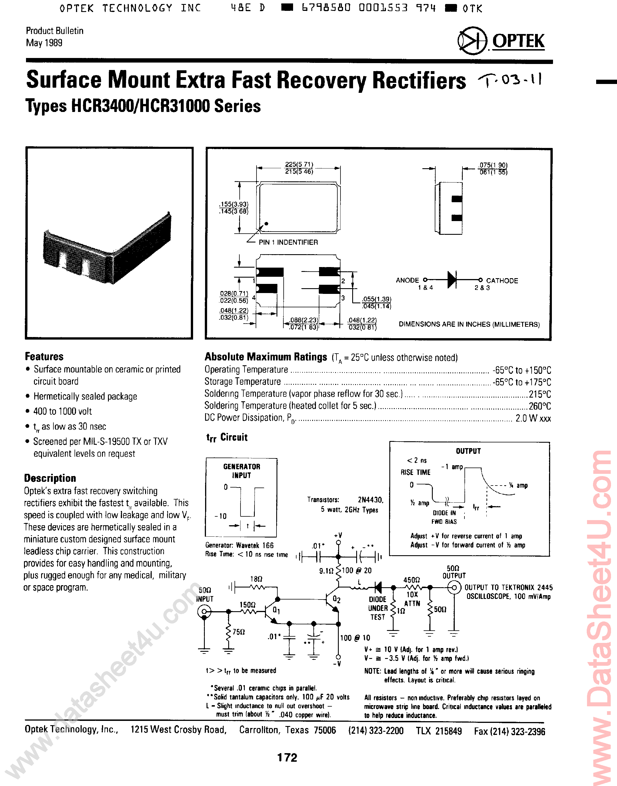 Datasheet HCR31000 page 1 Datasheet HCR31000 - (HCR3400 - HCR31000) Surface Mount Extra Fast Recovery Rectifiers page 1