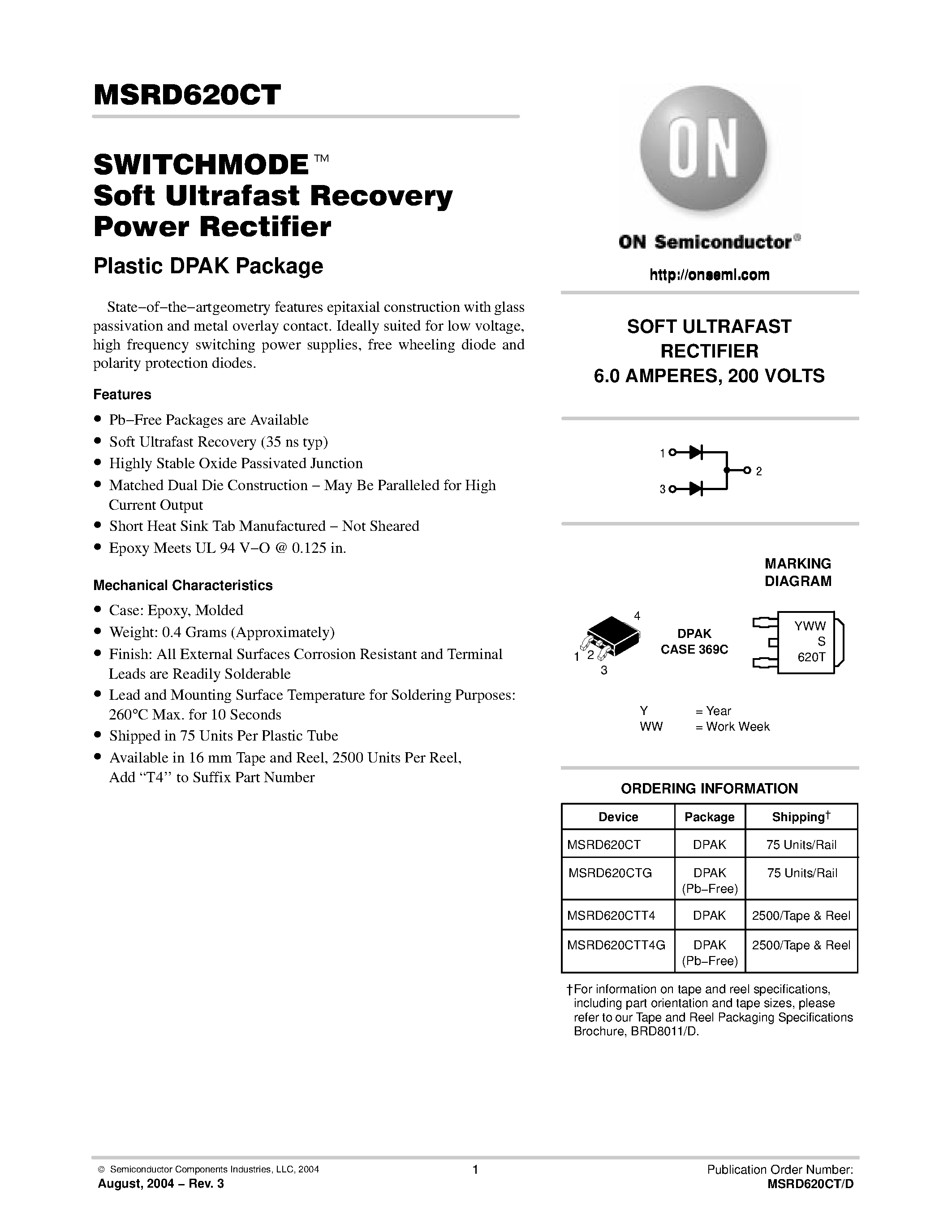 Даташит MSRD620CT - SWITCHMODE Soft Ultrafast Recovery Power Rectifier страница 1