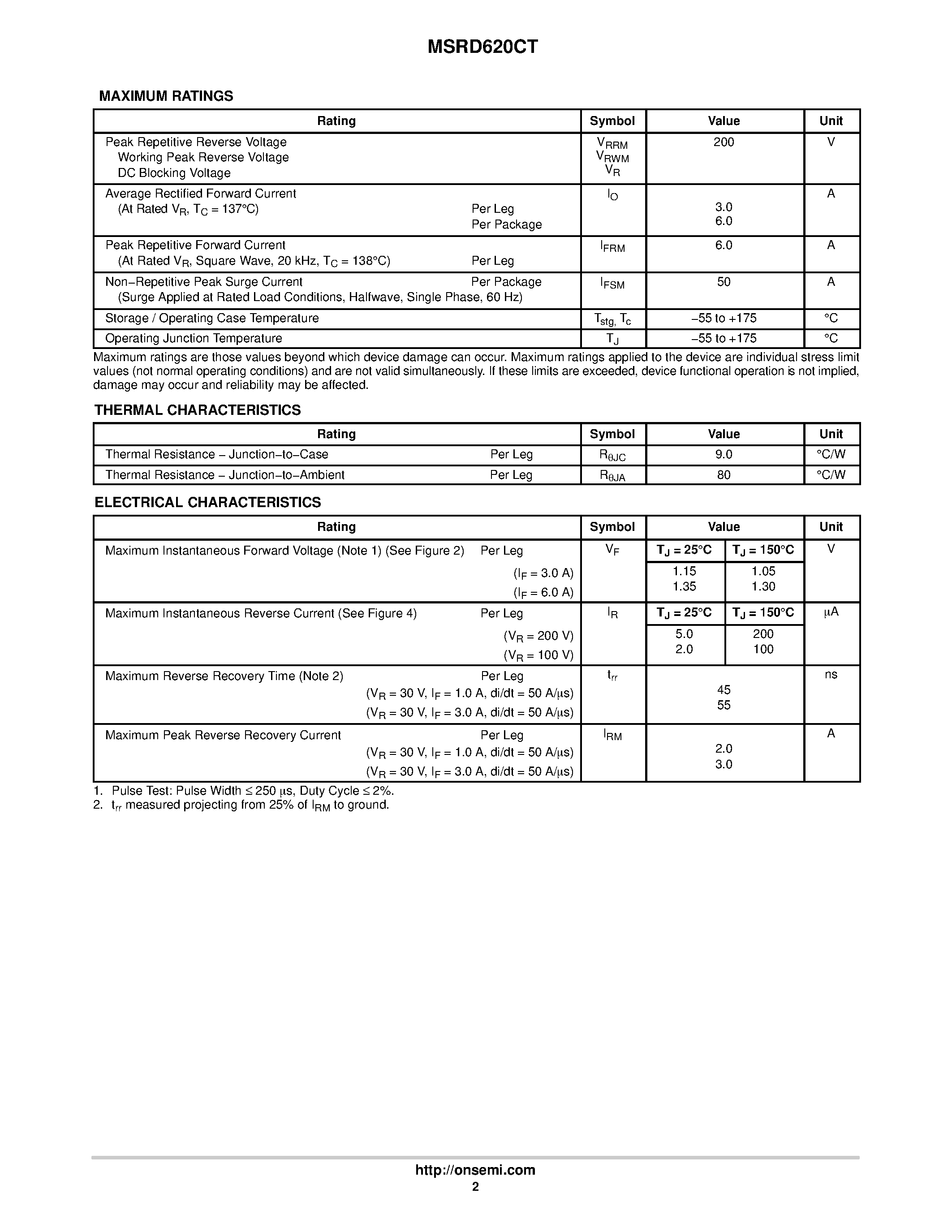 Даташит MSRD620CT - SWITCHMODE Soft Ultrafast Recovery Power Rectifier страница 2