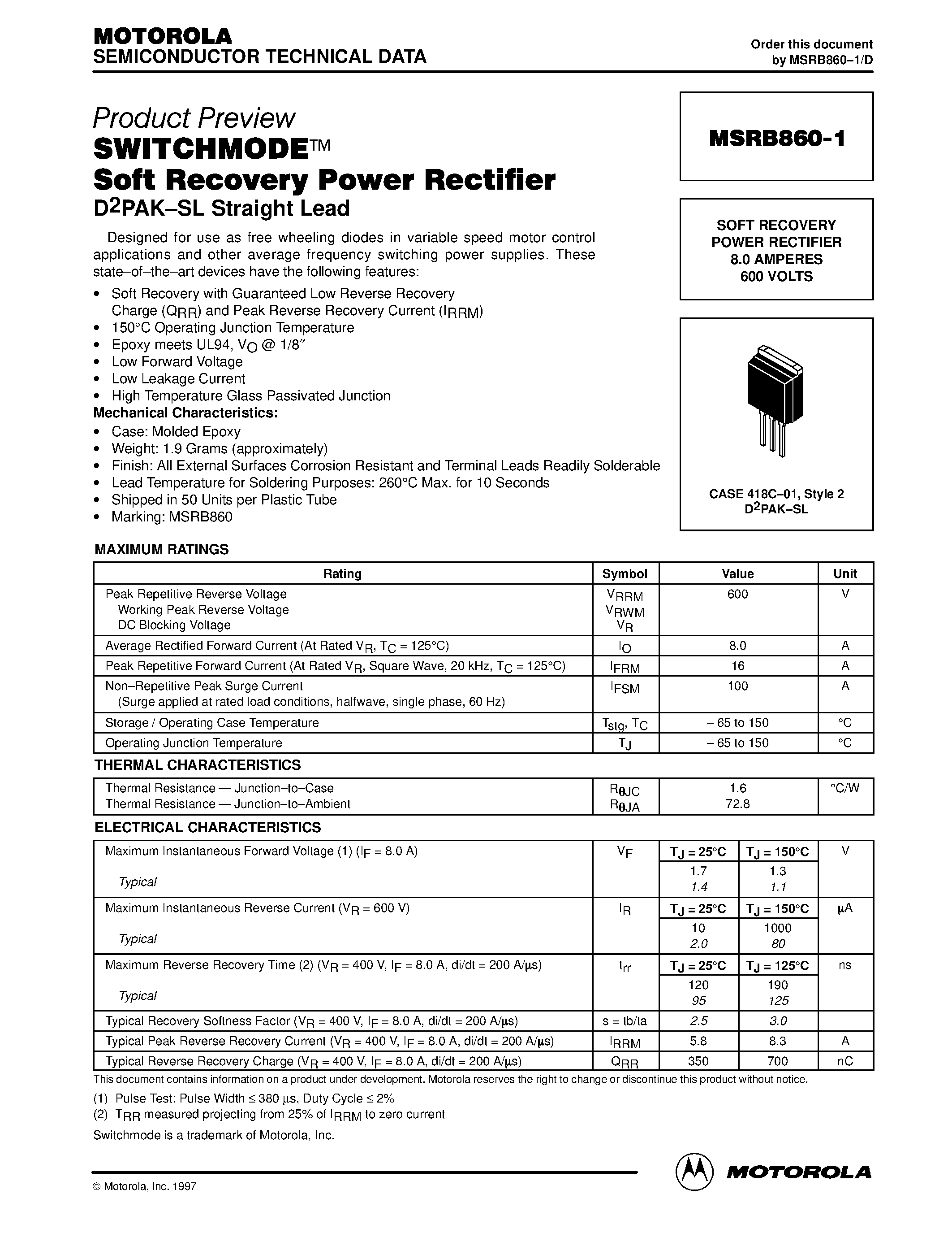 Даташит MSRB860-1 - SOFT RECOVERY POWER RECTIFIER 8.0 AMPERES 600 VOLTS страница 1