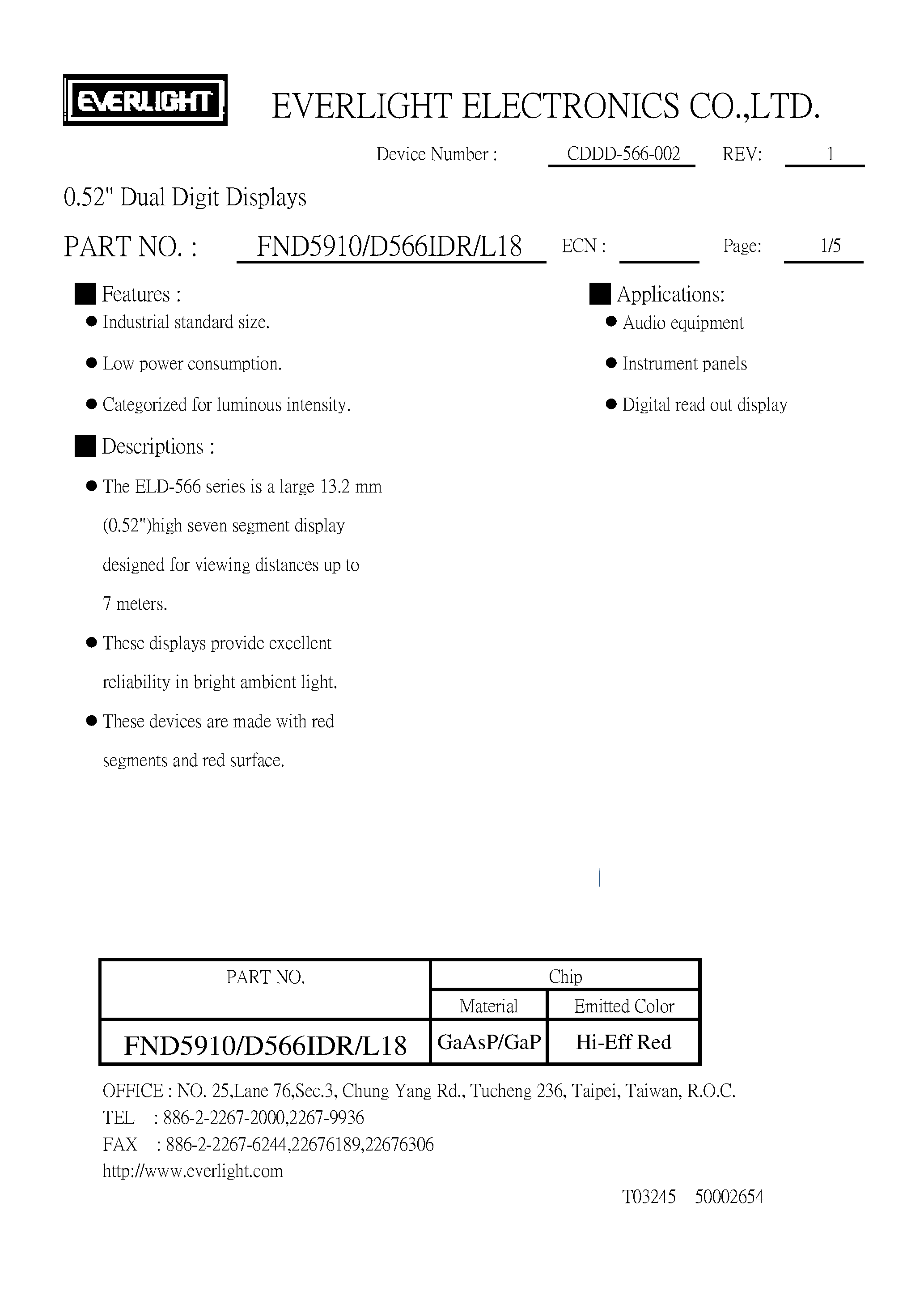 Datasheet FND566IDRL18 page 1 Datasheet FND566IDRL18 - 0.52 Dual Digit Displays page 1