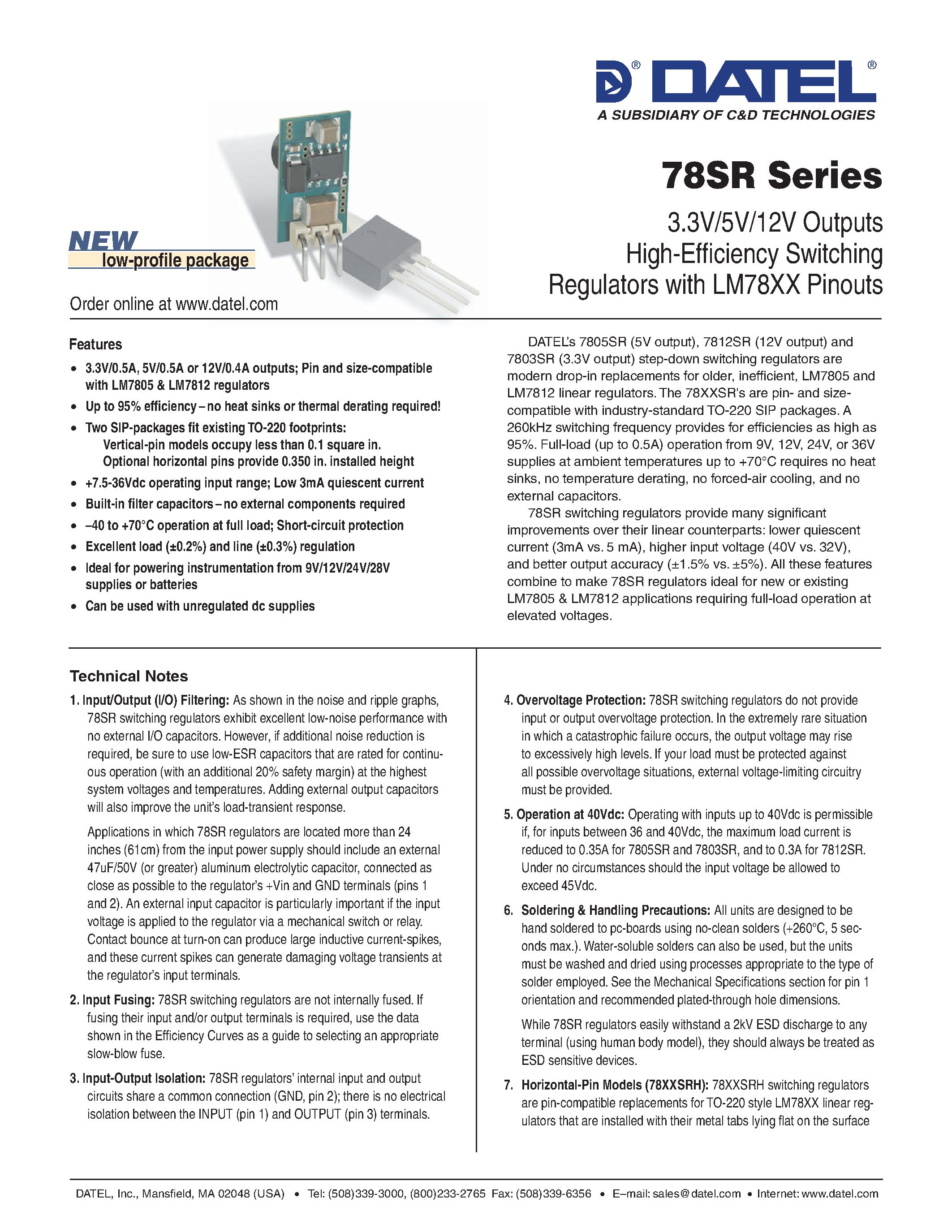 Даташит DMS-78xxSR - 3.3V/5V/12V Outputs High-Effi ciency Switching Regulators with LM78XX Pinouts страница 1