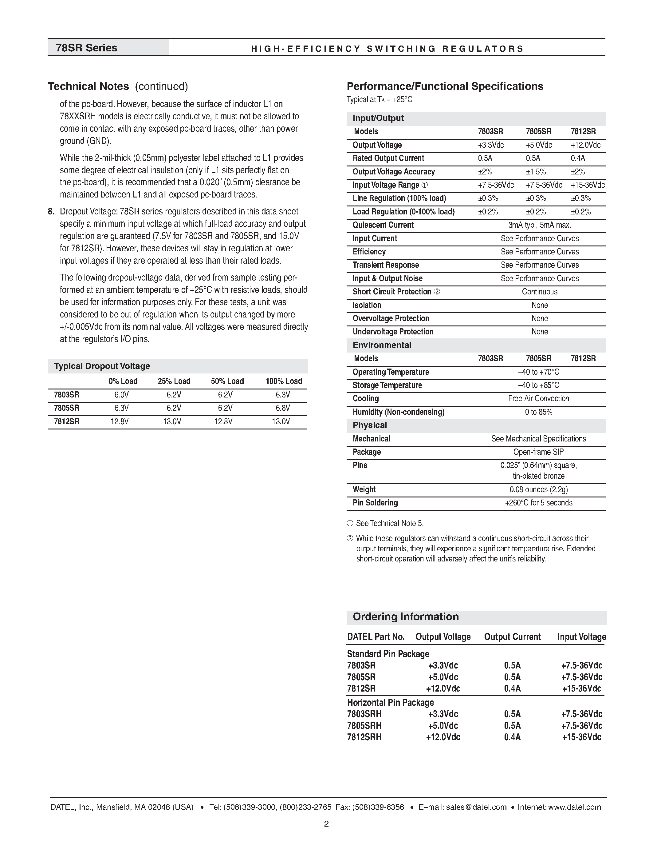 Datasheet DMS-78xxSR - 3.3V/5V/12V Outputs High-Effi ciency Switching Regulators with LM78XX Pinouts page 2