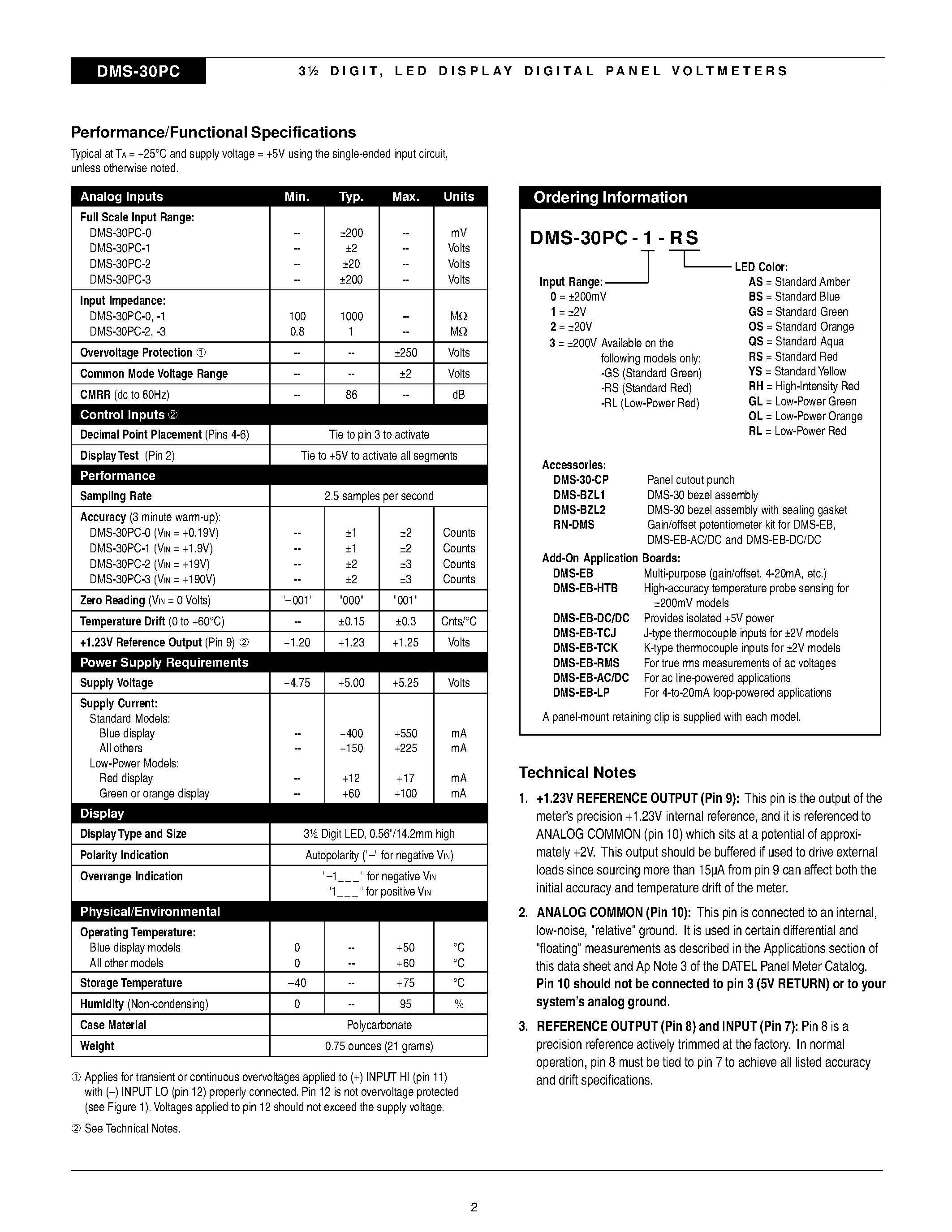 Datasheet DMS-30PC page 2 Datasheet DMS-30PC - 3 1/2 DIGIT LED DISPLAY LOW POWER MINIATURE DIGITAL PANEL VOLTMETERS page 2